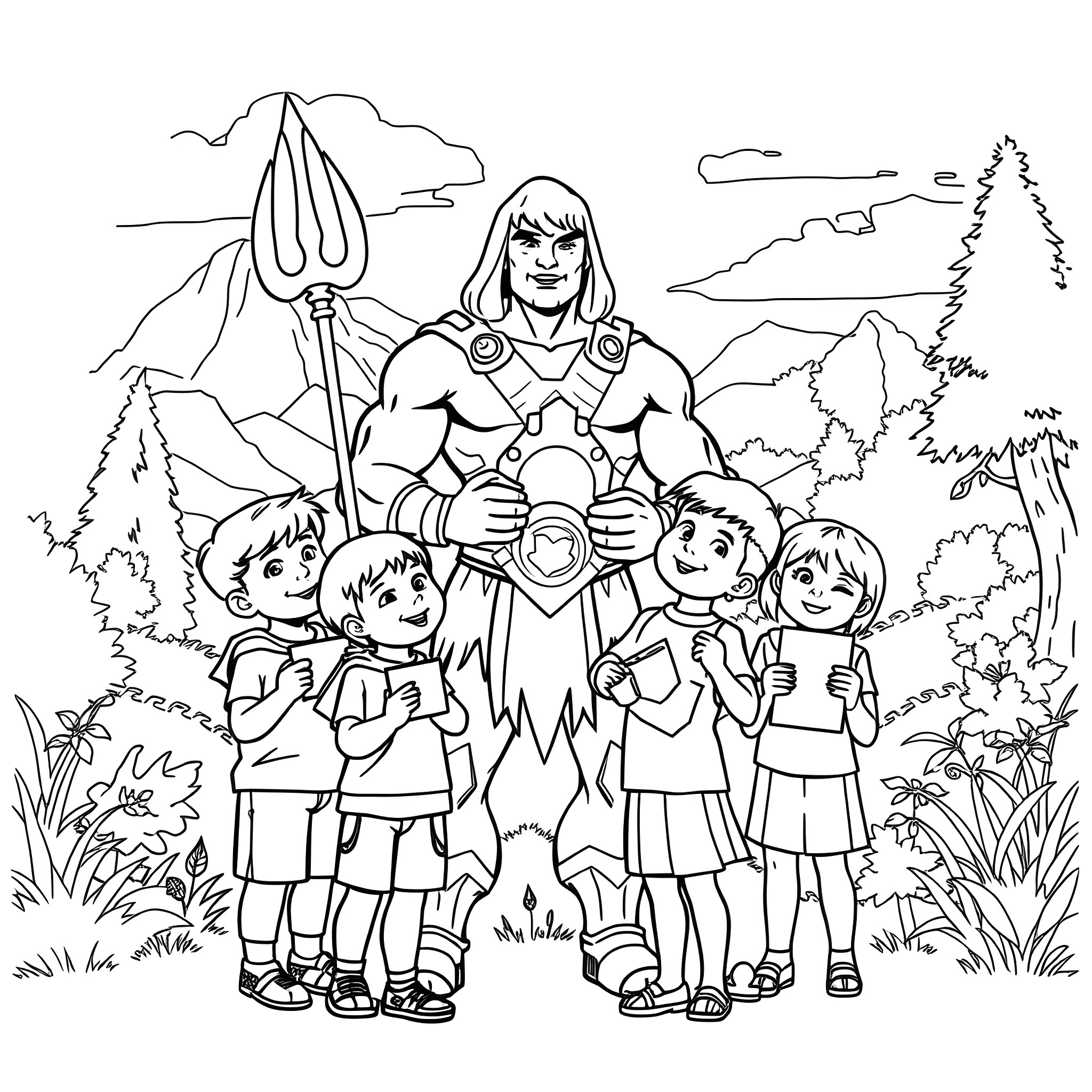 He-Man Surrounded by Children in Idyllic Outdoor Scene Coloring Page (free black-and-white line drawing printable PDF for all, from beginners to advanced learners, including children, teens, adults, and seniors)