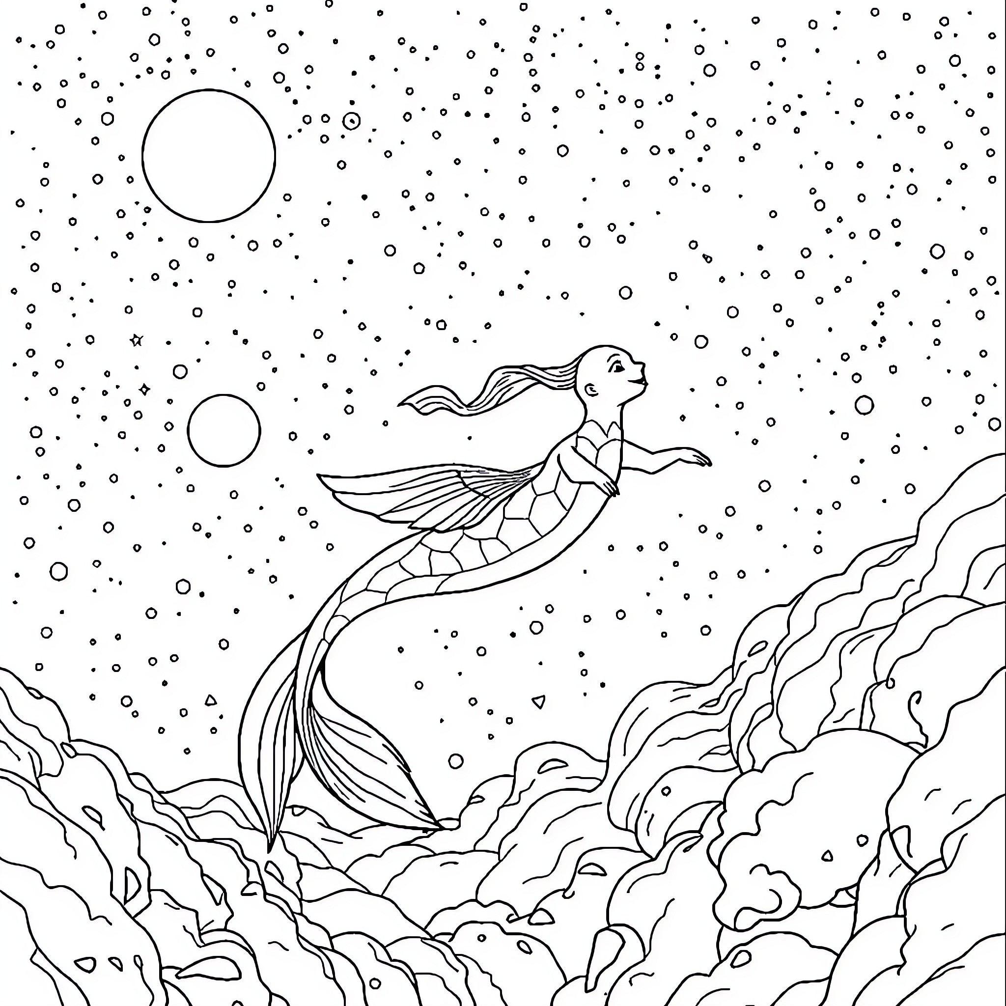 Mermaid swimming amidst the stars and waves Coloring Page (free black-and-white line drawing printable PDF for all, from beginners to advanced learners, including children, teens, adults, and seniors)