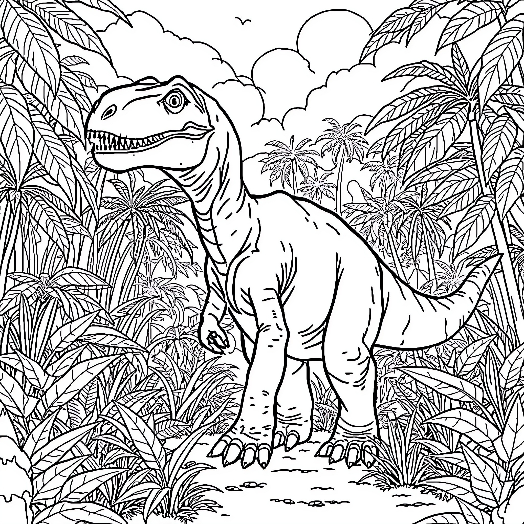 Dinosaur exploring the lush tropical jungle Coloring Page (free black-and-white line drawing printable PDF for all, from beginners to advanced learners, including children, teens, adults, and seniors)