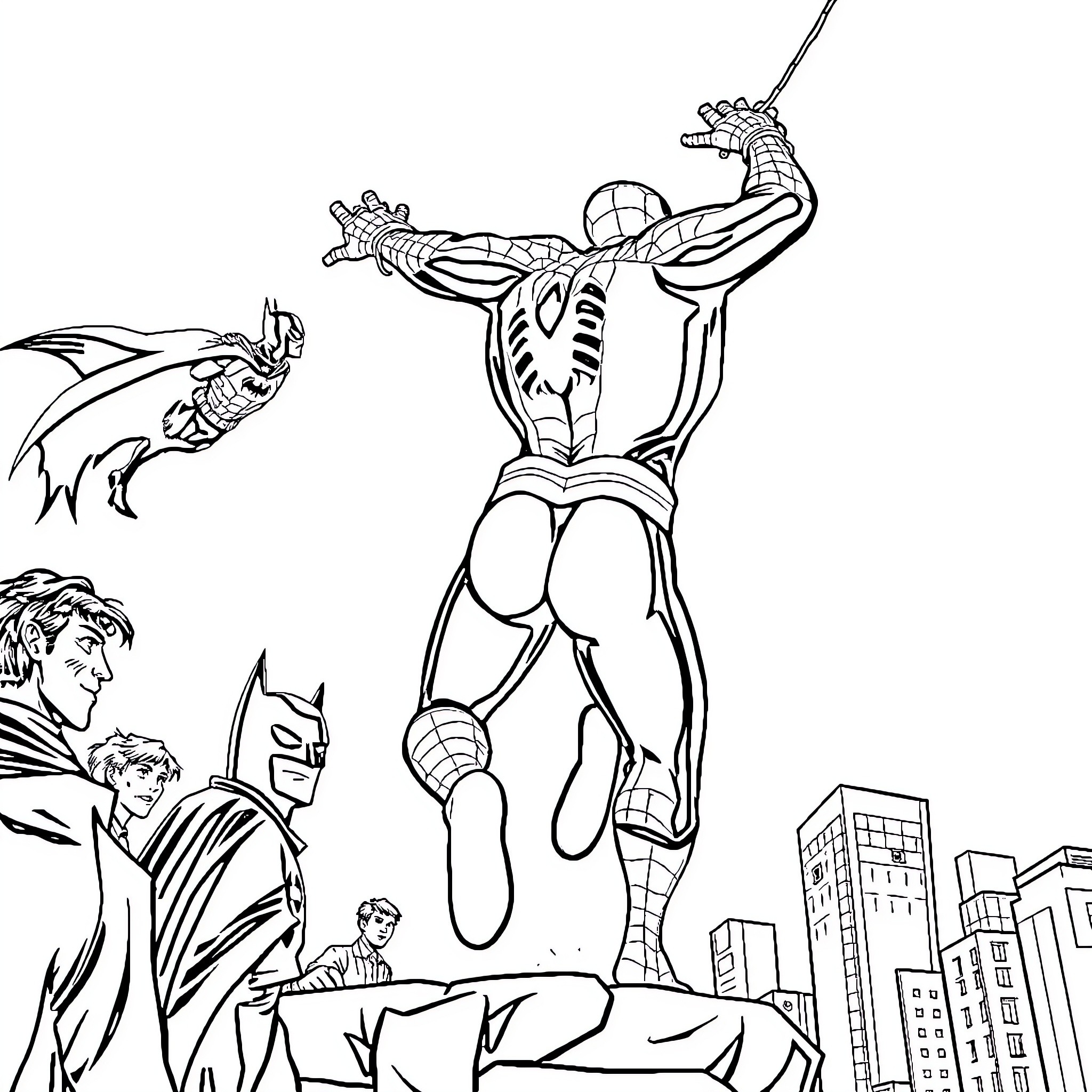 Spiderman swinging into action with superheroes Coloring Page (free black-and-white line drawing printable PDF for all, from beginners to advanced learners, including children, teens, adults, and seniors)
