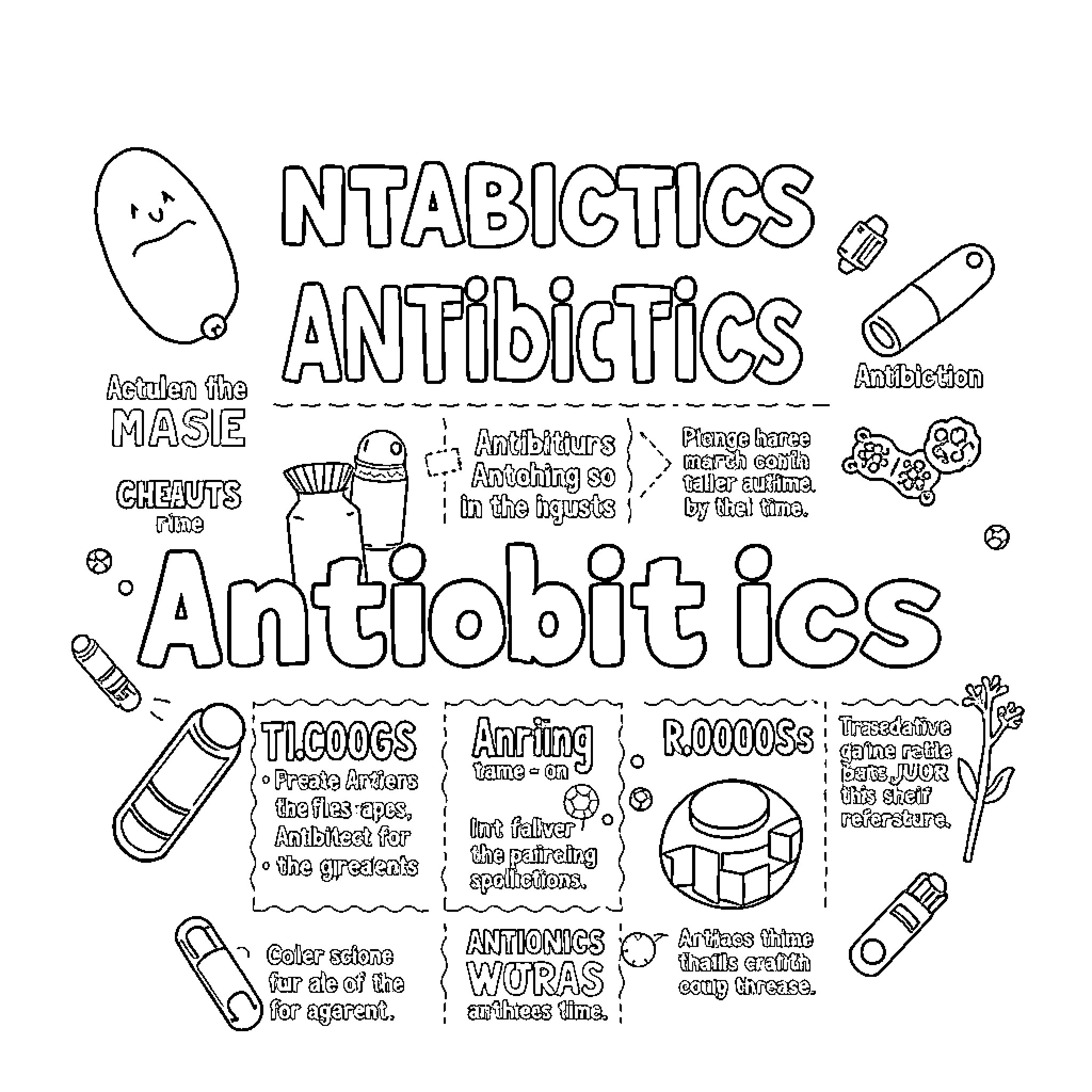 Antibiotics: Educating about Antibiotic Uses and Effects Coloring Page (free black-and-white line drawing printable PDF for all, from beginners to advanced learners, including children, teens, adults, and seniors)