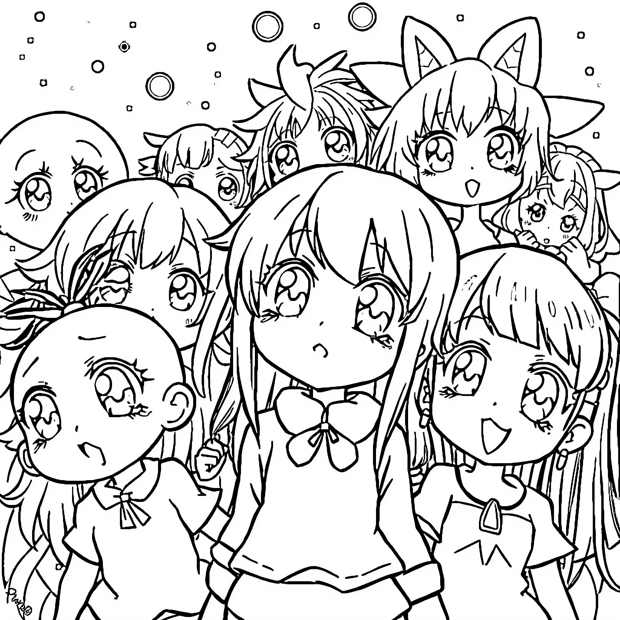 Anime Chibi Characters in Playful Expressions Coloring Page (free black-and-white line drawing printable PDF for all, from beginners to advanced learners, including children, teens, adults, and seniors)