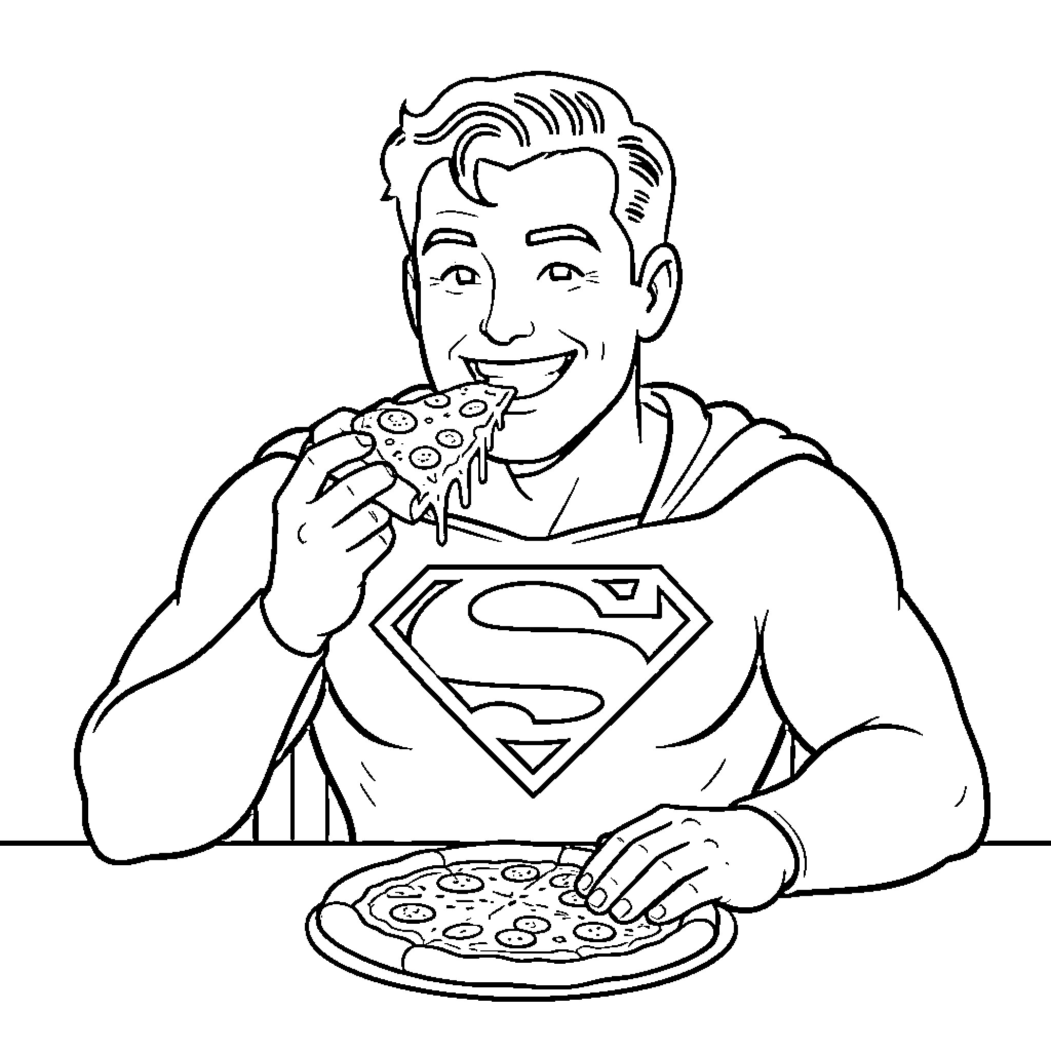 Superman smiling while eating a slice of pizza Coloring Page (free black-and-white line drawing printable PDF for all, from beginners to advanced learners, including children, teens, adults, and seniors)