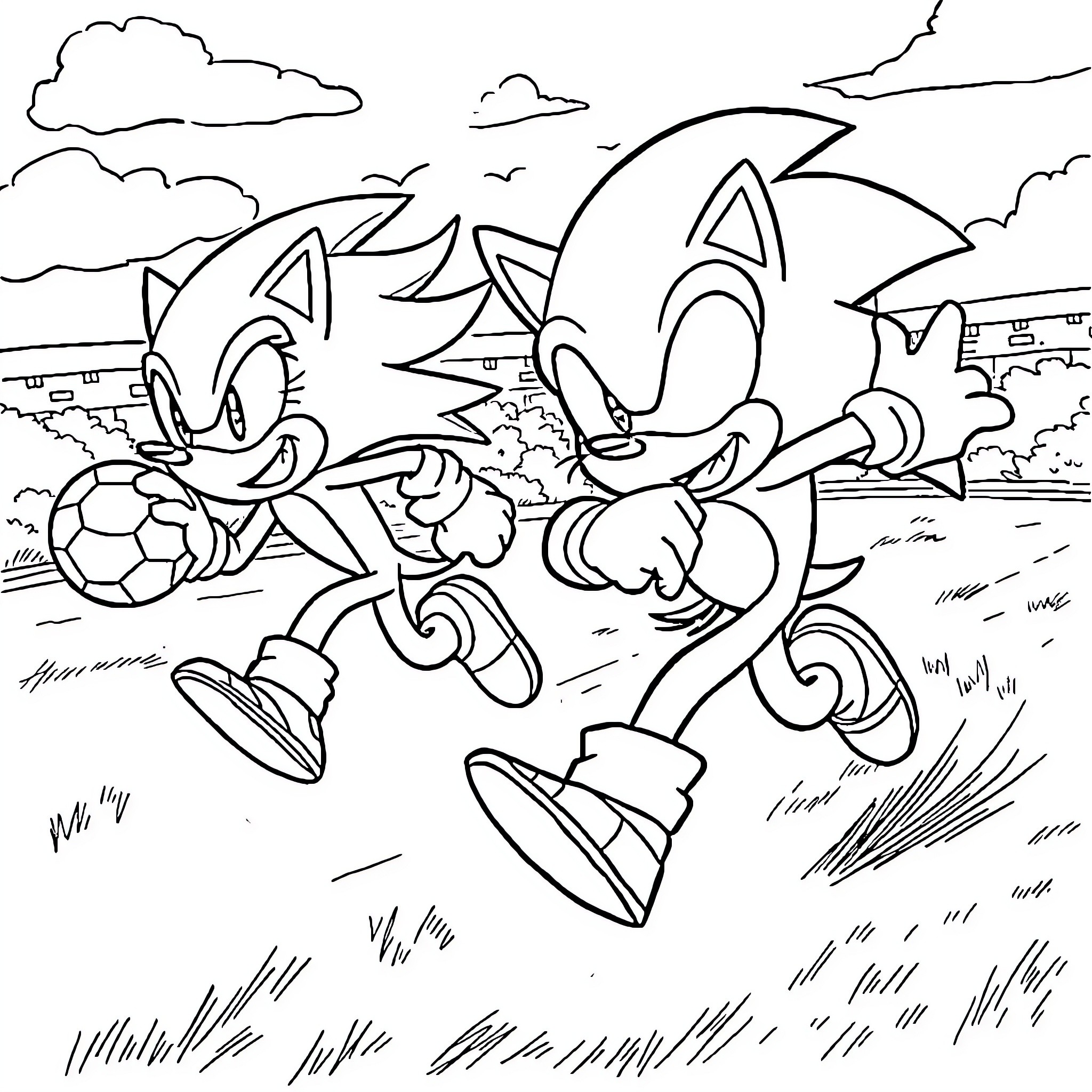 Sonic characters playing soccer in the park Coloring Page (free black-and-white line drawing printable PDF for all, from beginners to advanced learners, including children, teens, adults, and seniors)