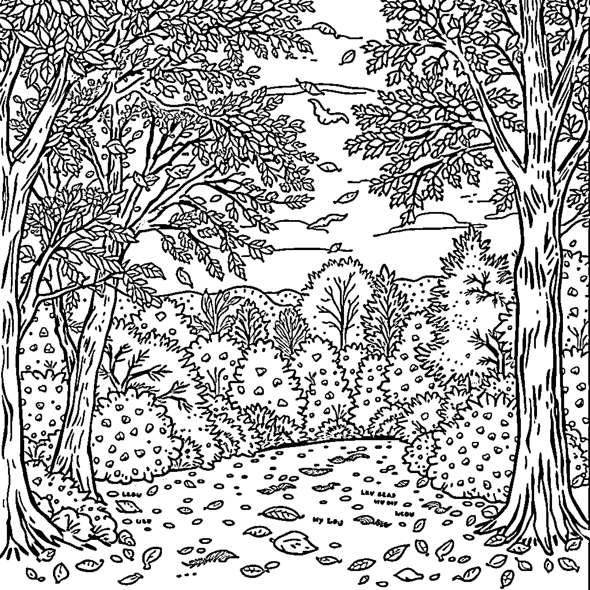 Fall Foliage Landscape in Artistic Forest Scene Coloring Page (free black-and-white line drawing printable PDF for all, from beginners to advanced learners, including children, teens, adults, and seniors)
