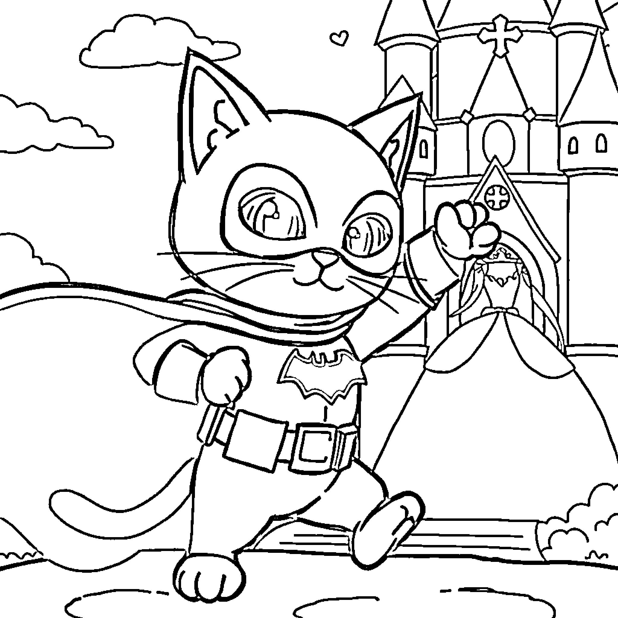Cat hero exploring a fantasy castle Coloring Page (free black-and-white line drawing printable PDF for all, from beginners to advanced learners, including children, teens, adults, and seniors)