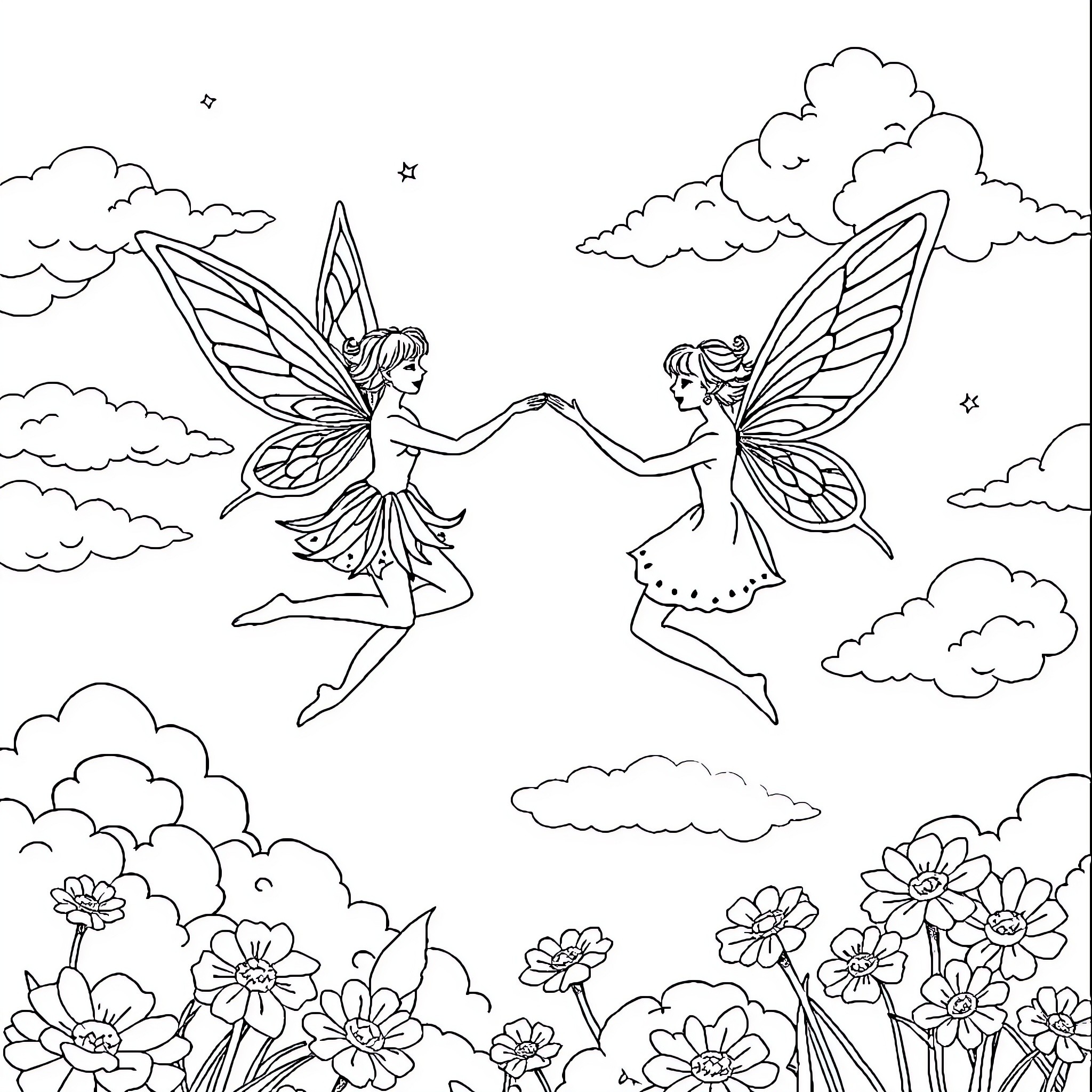 Fairy companions dancing in the clouds Coloring Page (free black-and-white line drawing printable PDF for all, from beginners to advanced learners, including children, teens, adults, and seniors)