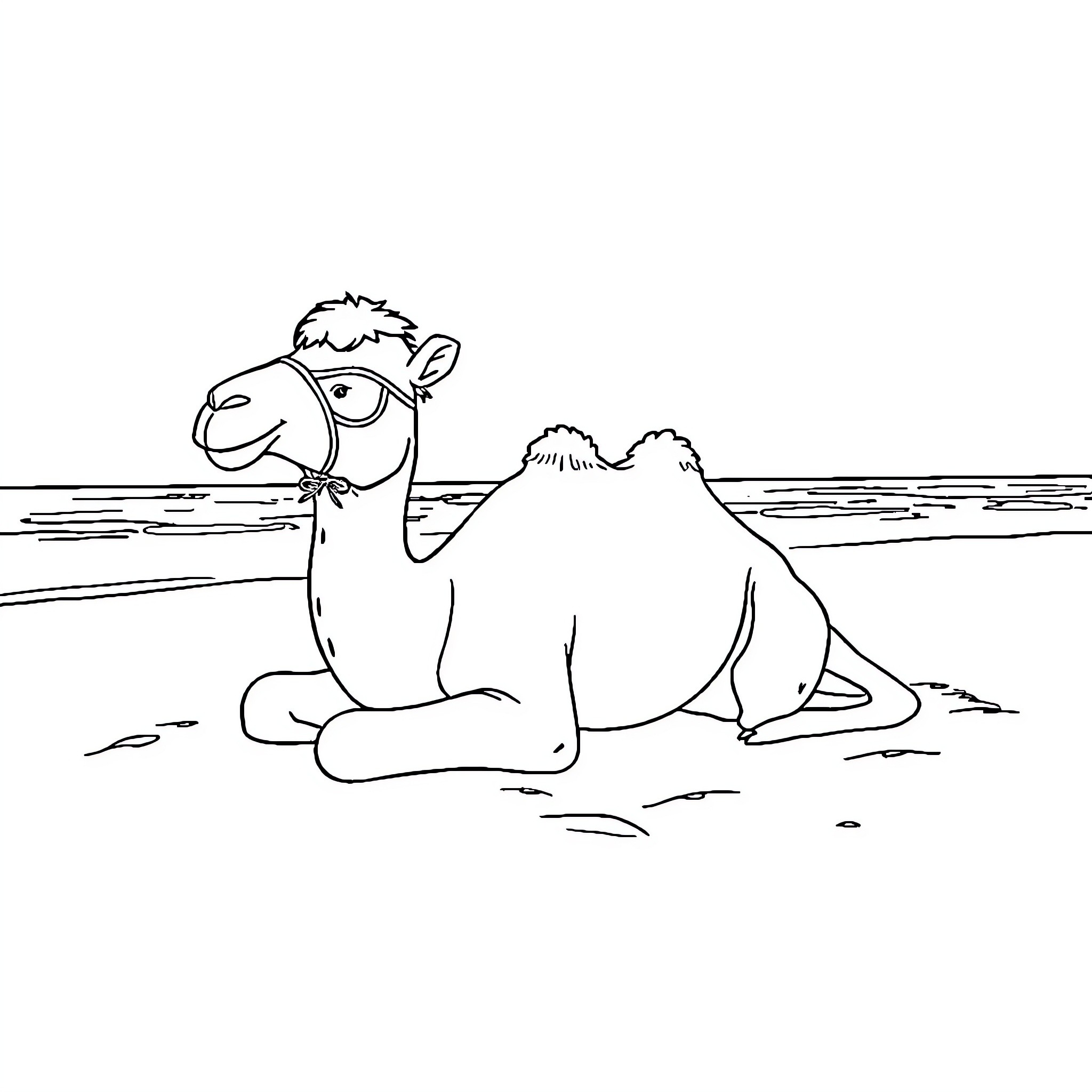Camel resting peacefully in the desert landscape Coloring Page (free black-and-white line drawing printable PDF for all, from beginners to advanced learners, including children, teens, adults, and seniors)