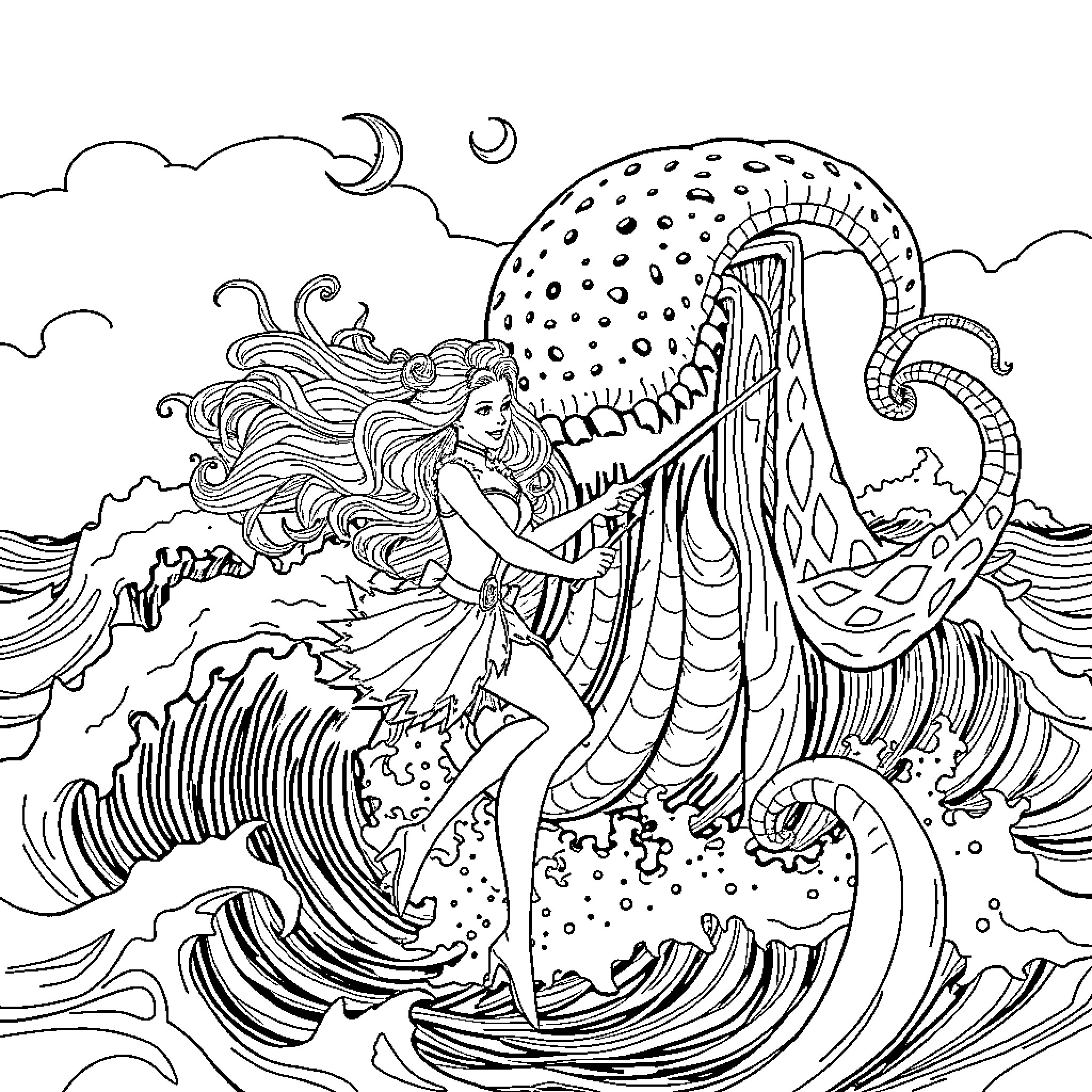 Barbie Dancing Elegantly on the Waves Coloring Page (free black-and-white line drawing printable PDF for all, from beginners to advanced learners, including children, teens, adults, and seniors)