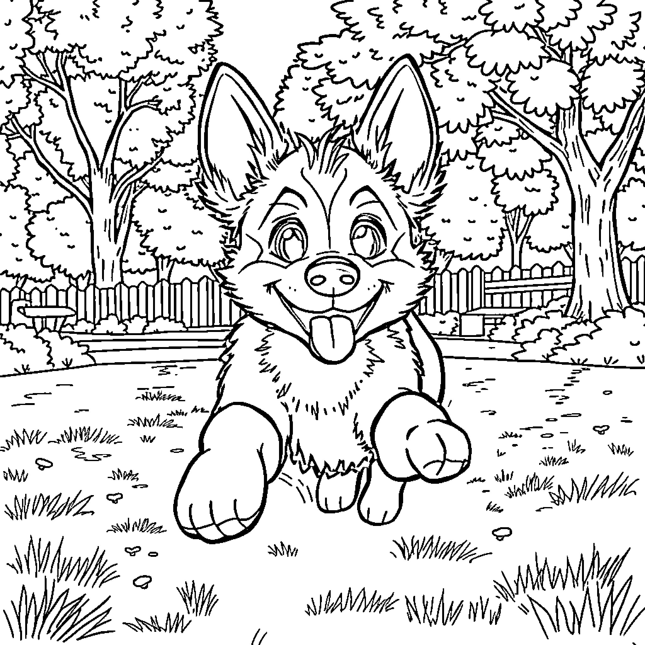 Bluey's Playful Adventure in the Forest Coloring Page (free black-and-white line drawing printable PDF for all, from beginners to advanced learners, including children, teens, adults, and seniors)