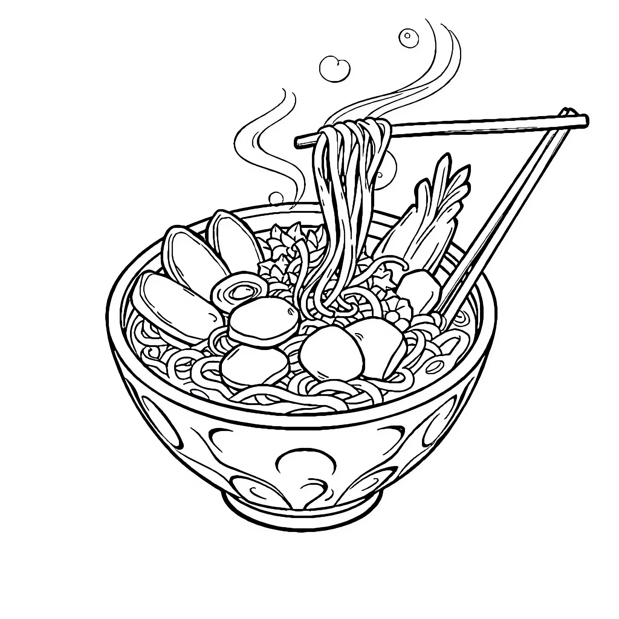 Utramen - Bowl of Savory Noodle Soup Coloring Page (free black-and-white line drawing printable PDF for all, from beginners to advanced learners, including children, teens, adults, and seniors)