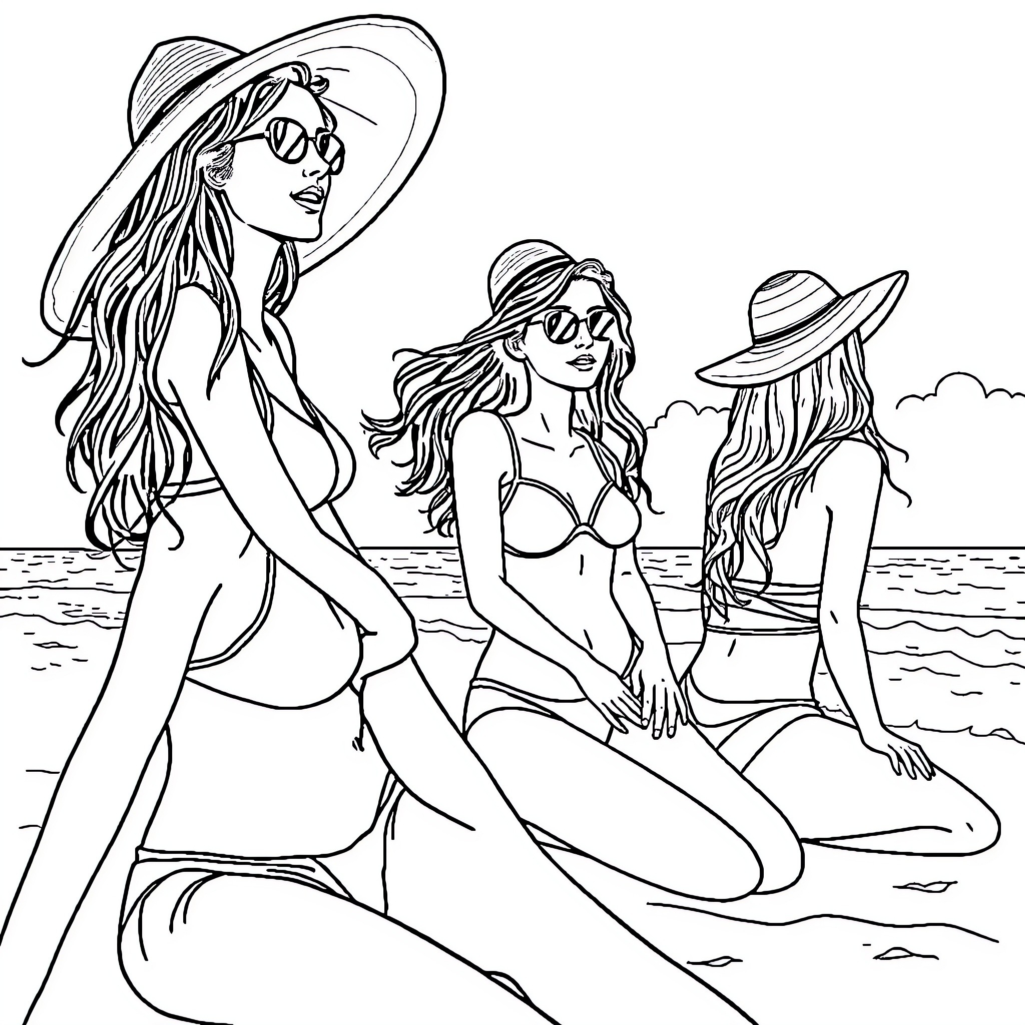 Girls relaxing at the beach in stylish swimwear Coloring Page (free black-and-white line drawing printable PDF for all, from beginners to advanced learners, including children, teens, adults, and seniors)