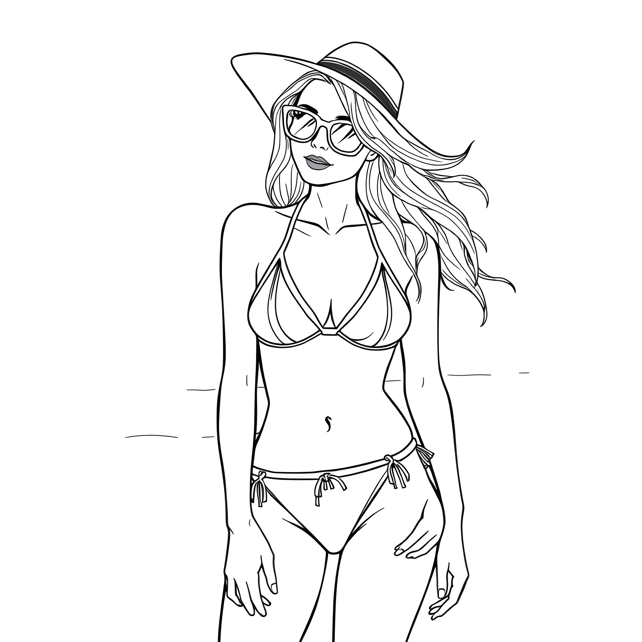 Girl in a Bikini with Sunglasses and Hat Coloring Page (free black-and-white line drawing printable PDF for all, from beginners to advanced learners, including children, teens, adults, and seniors)