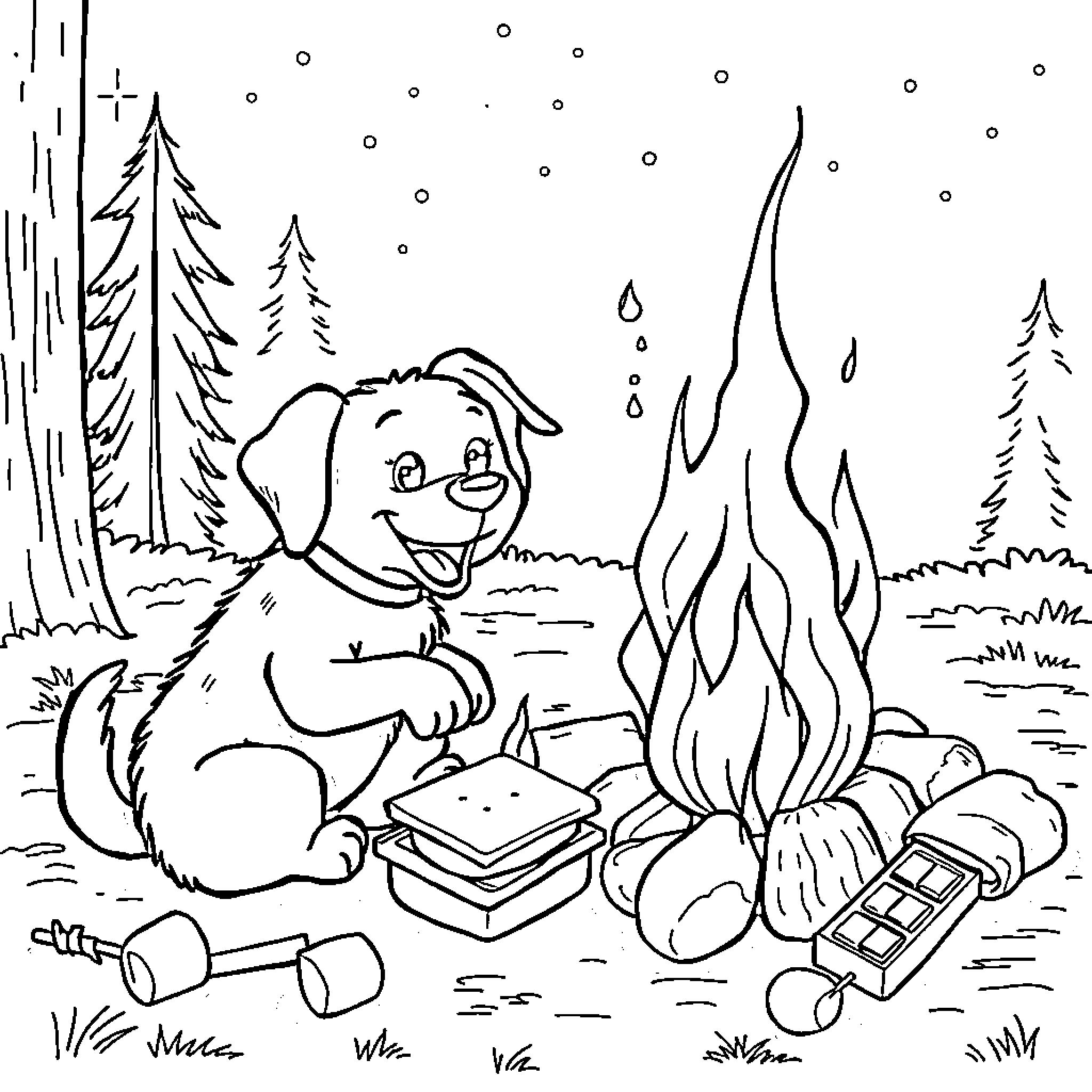 Dog roasting marshmallows by the campfire Coloring Page (free black-and-white line drawing printable PDF for all, from beginners to advanced learners, including children, teens, adults, and seniors)