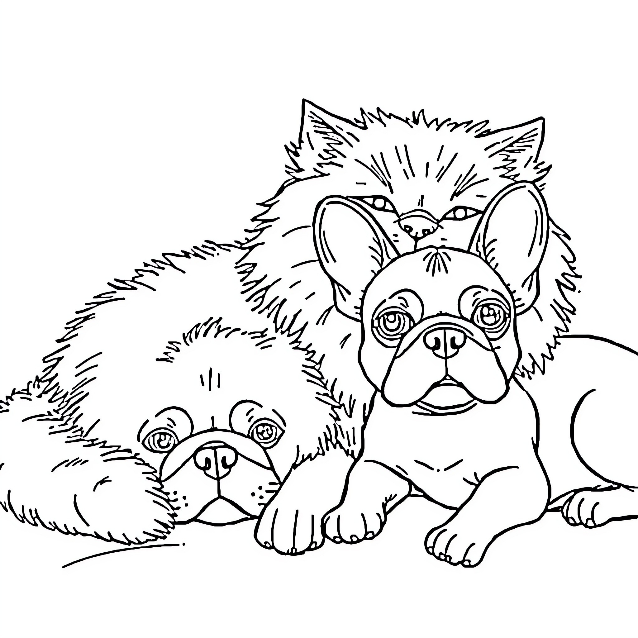 Cats cuddling together Coloring Page (free black-and-white line drawing printable PDF for all, from beginners to advanced learners, including children, teens, adults, and seniors)