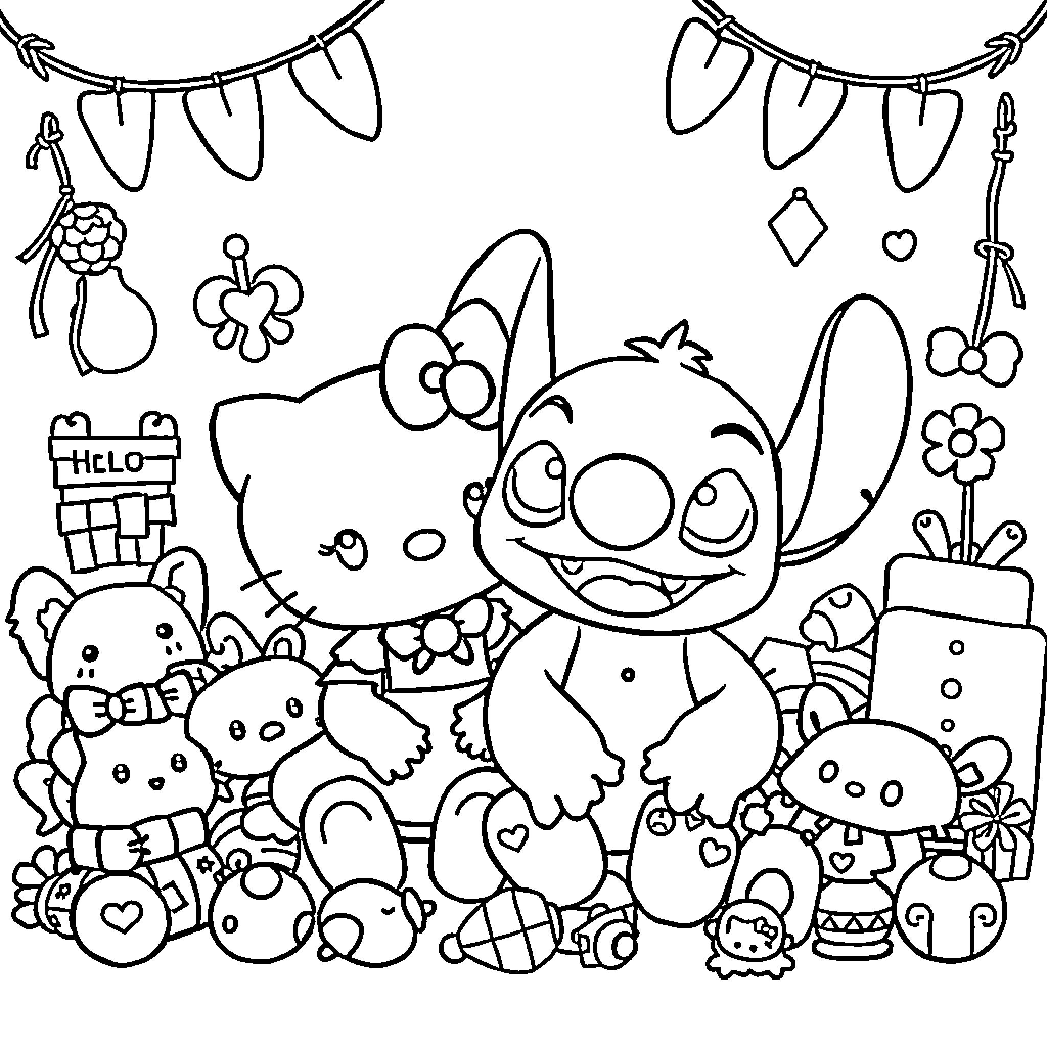 Hello Kitty and Friends in Cheerful Scene Coloring Page (free black-and-white line drawing printable PDF for all, from beginners to advanced learners, including children, teens, adults, and seniors)