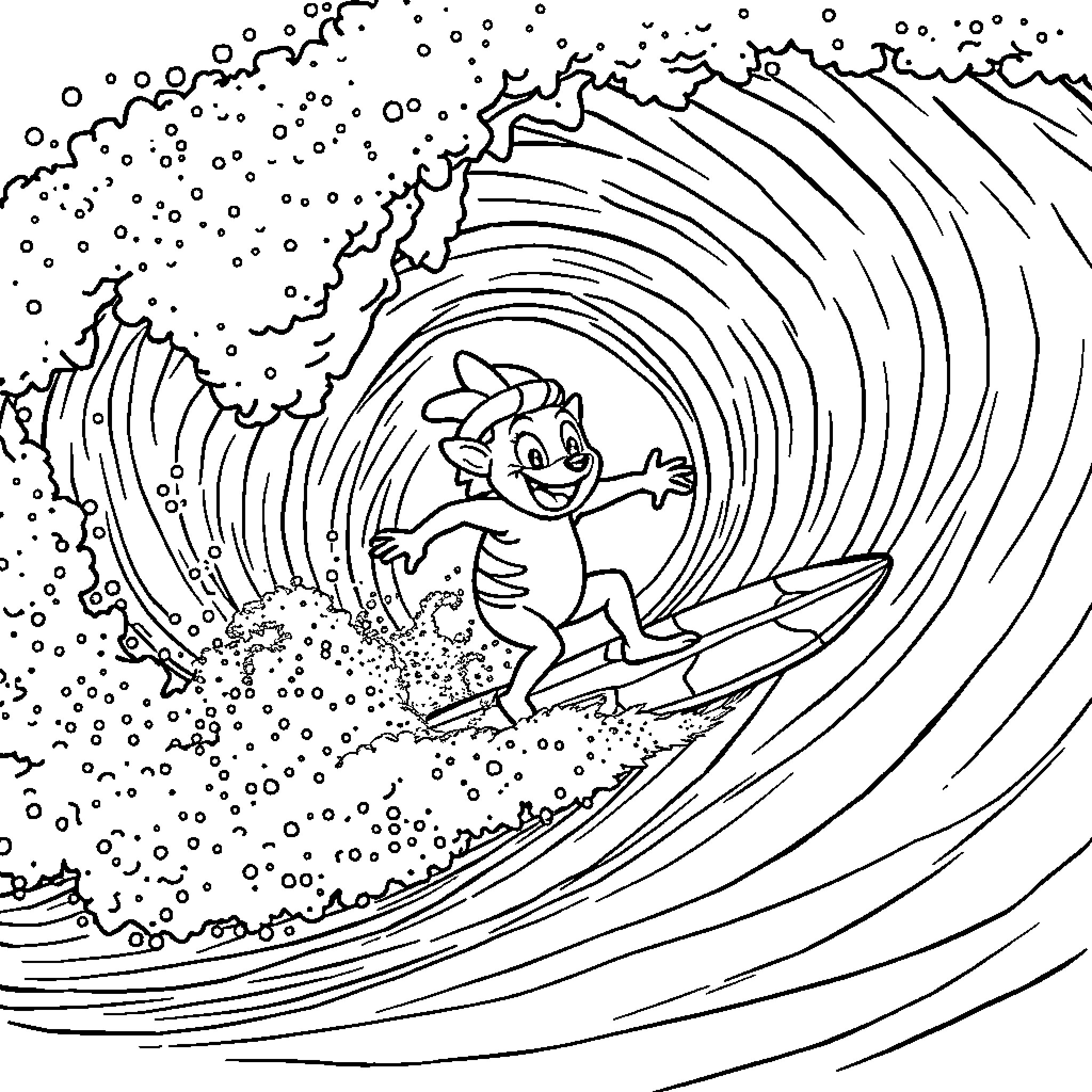 Labubu surfing on a huge wave Coloring Page (free black-and-white line drawing printable PDF for all, from beginners to advanced learners, including children, teens, adults, and seniors)