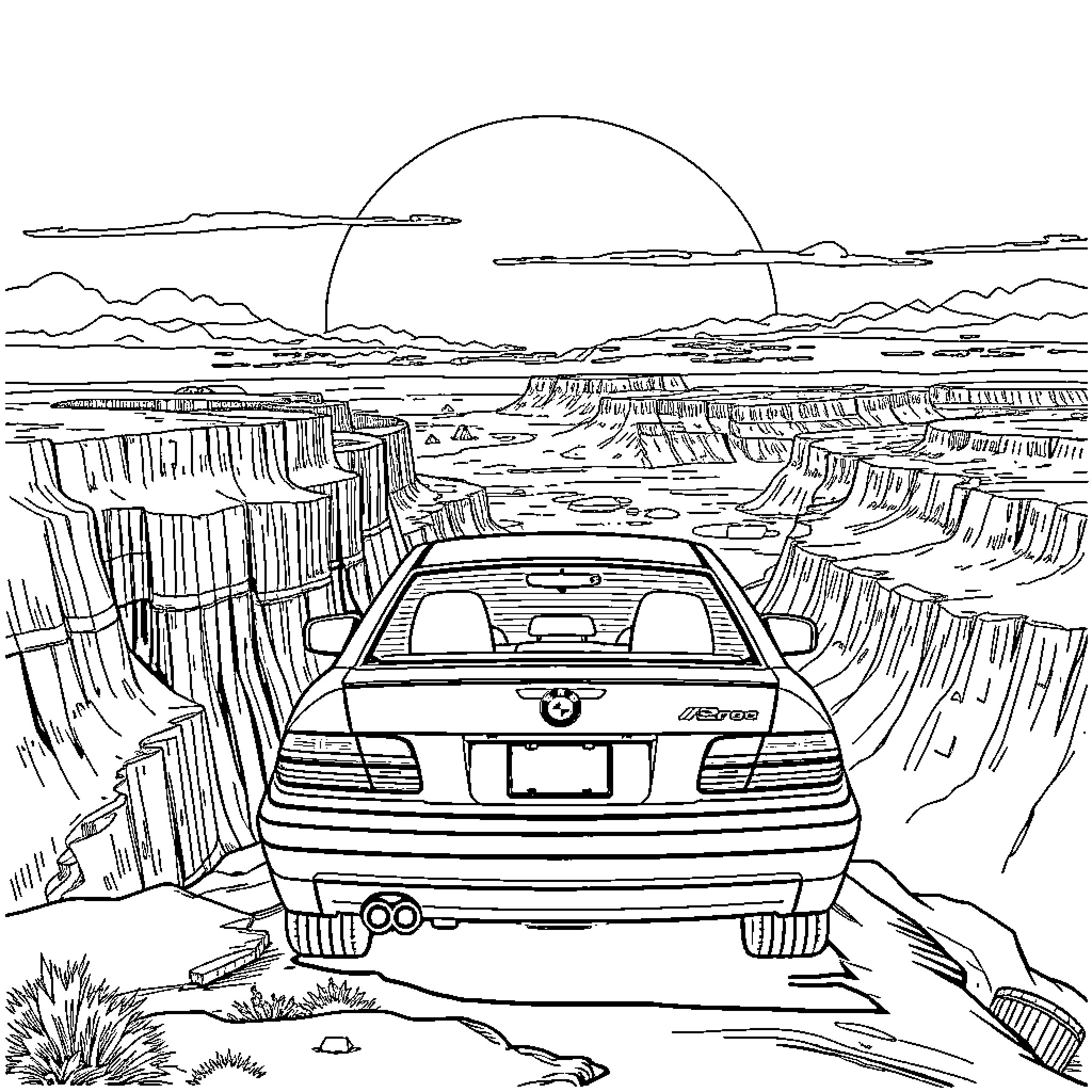 BMW in the desert landscape at sunset Coloring Page (free black-and-white line drawing printable PDF for all, from beginners to advanced learners, including children, teens, adults, and seniors)