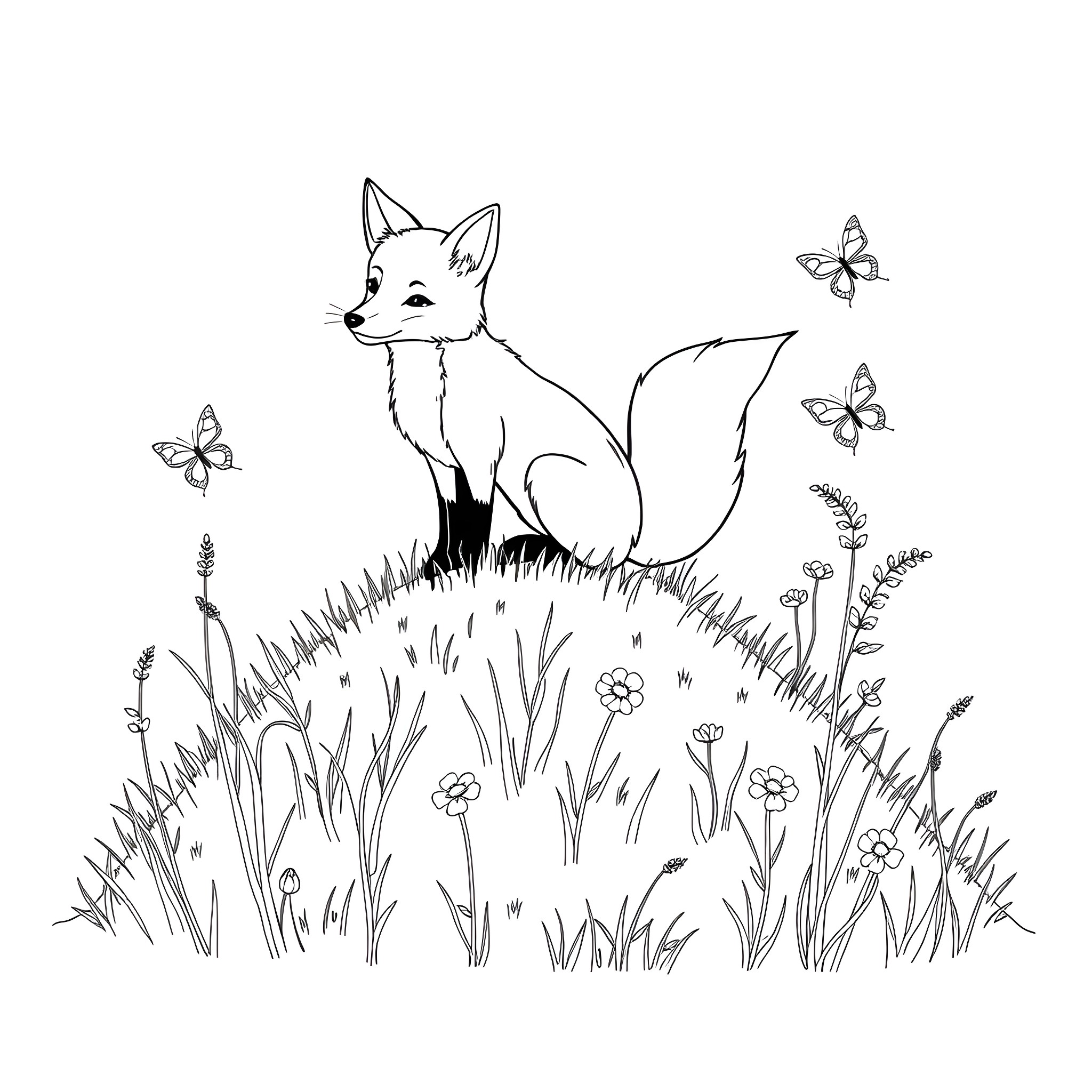 Fox exploring a field of flowers and butterflies Coloring Page (free black-and-white line drawing printable PDF for all, from beginners to advanced learners, including children, teens, adults, and seniors)