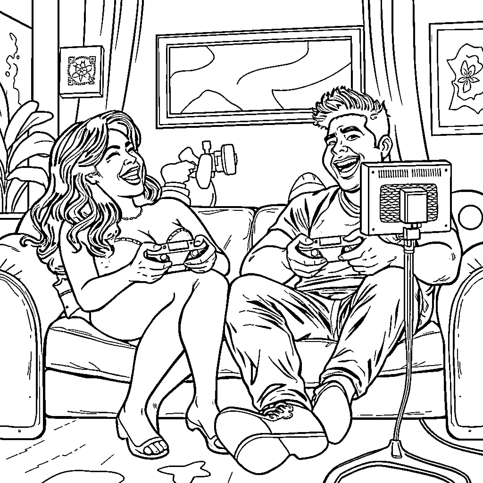 Vanessa Del Rio Enjoys a Casual Video Game Session Coloring Page (free black-and-white line drawing printable PDF for all, from beginners to advanced learners, including children, teens, adults, and seniors)
