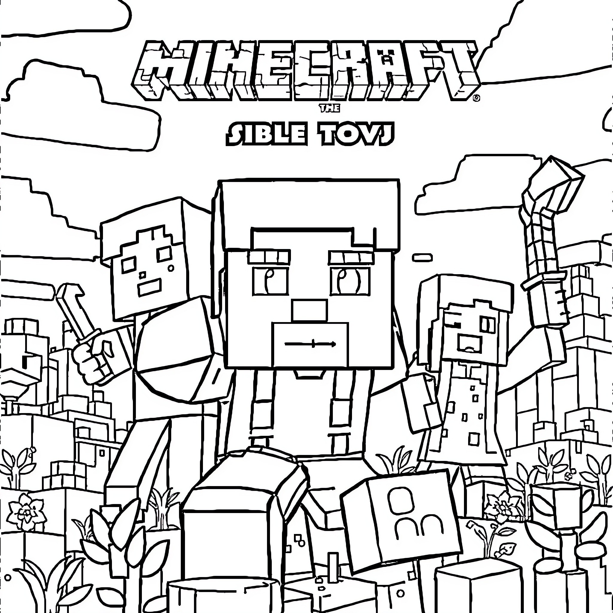 Minecraft Bible Toys Characters in Blocky World Coloring Page (free black-and-white line drawing printable PDF for all, from beginners to advanced learners, including children, teens, adults, and seniors)
