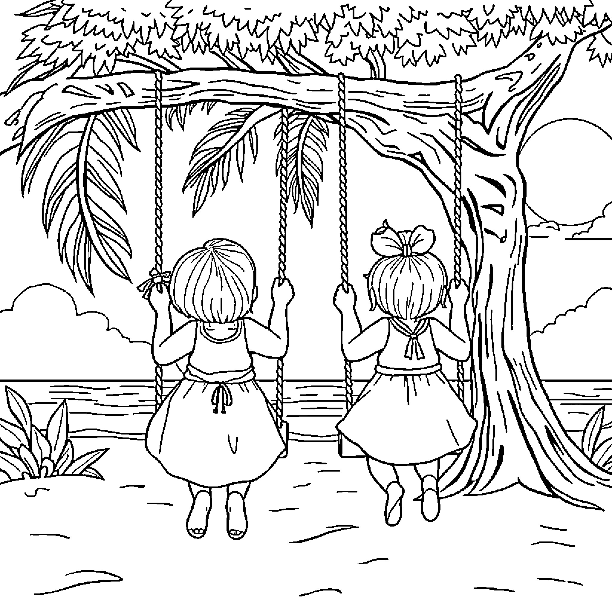 Girls playing on swings in natural setting Coloring Page (free black-and-white line drawing printable PDF for all, from beginners to advanced learners, including children, teens, adults, and seniors)