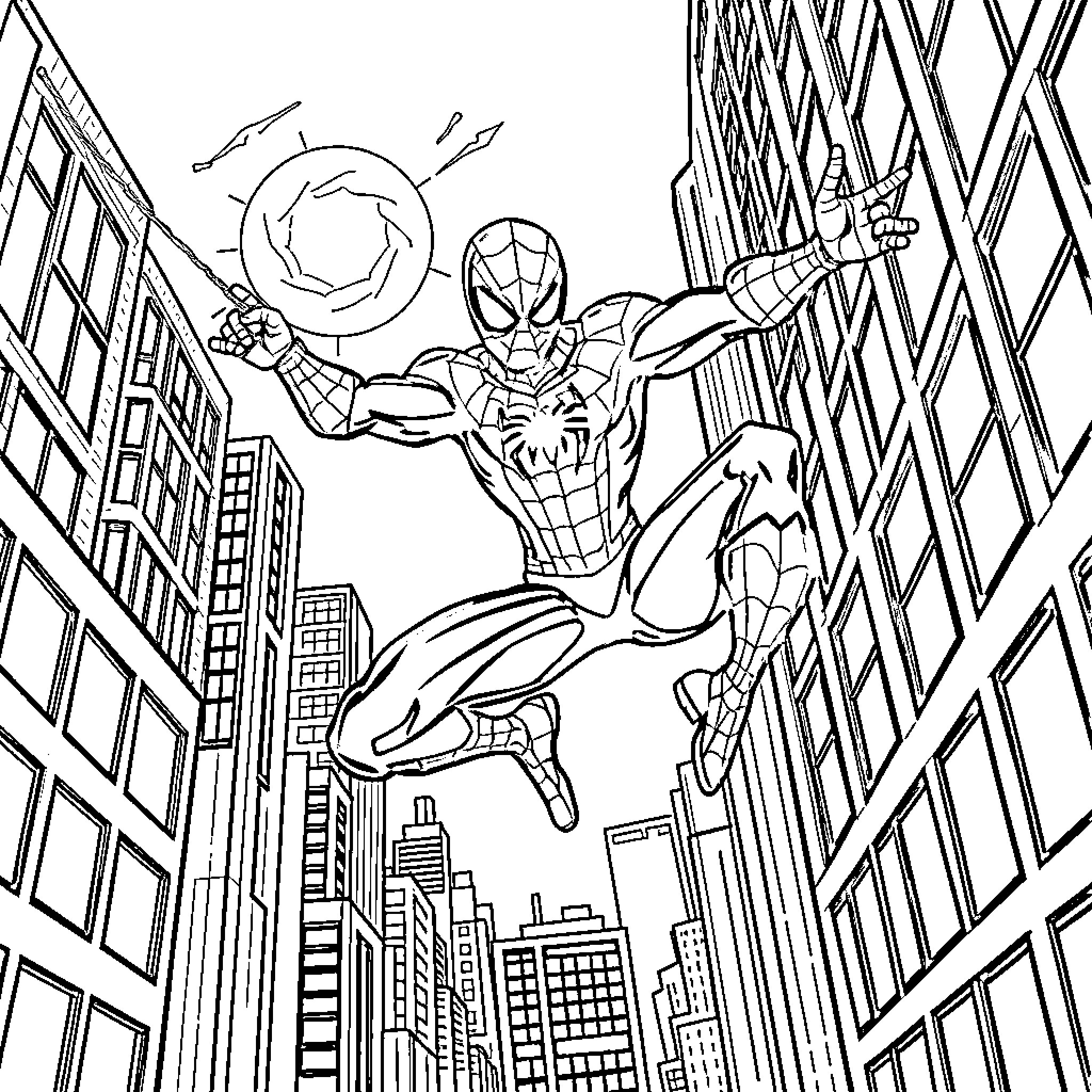 Spooderman swinging through the city skyline Coloring Page (free black-and-white line drawing printable PDF for all, from beginners to advanced learners, including children, teens, adults, and seniors)