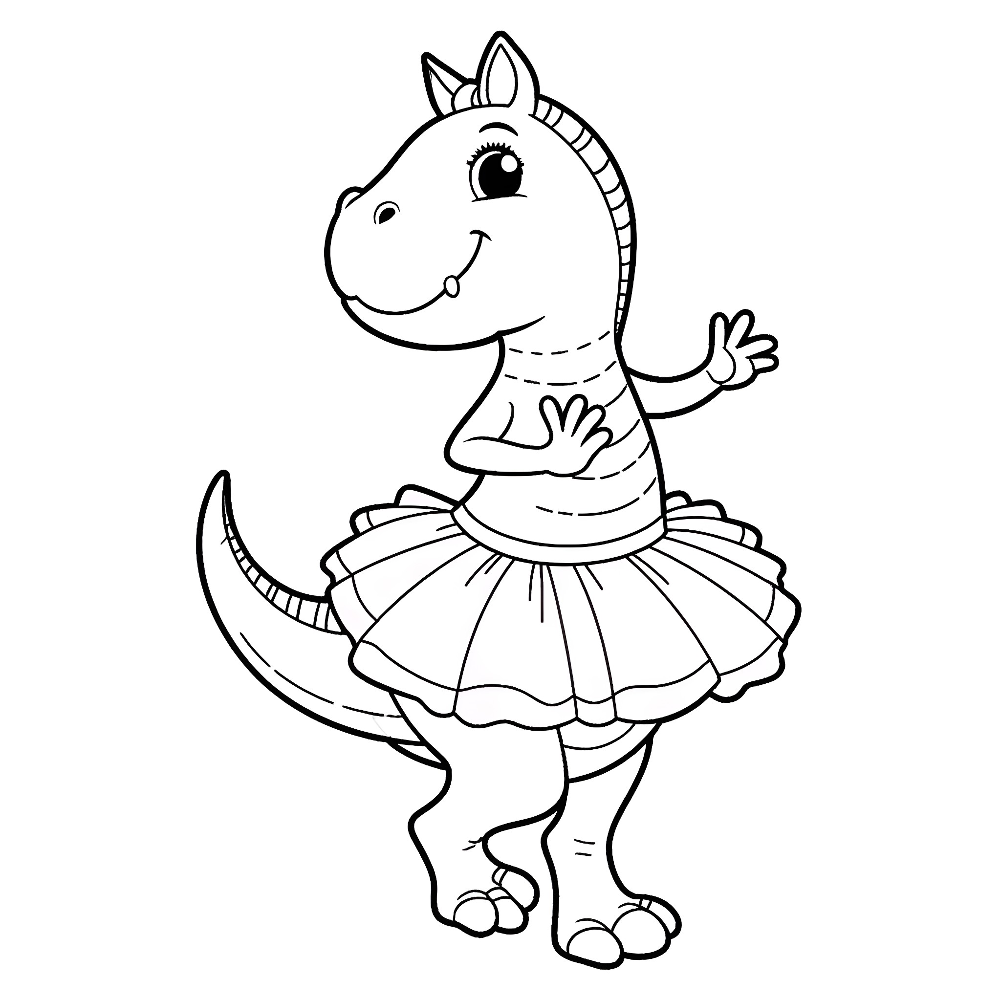 Dinosaur ballerina dancing gracefully Coloring Page (free black-and-white line drawing printable PDF for all, from beginners to advanced learners, including children, teens, adults, and seniors)