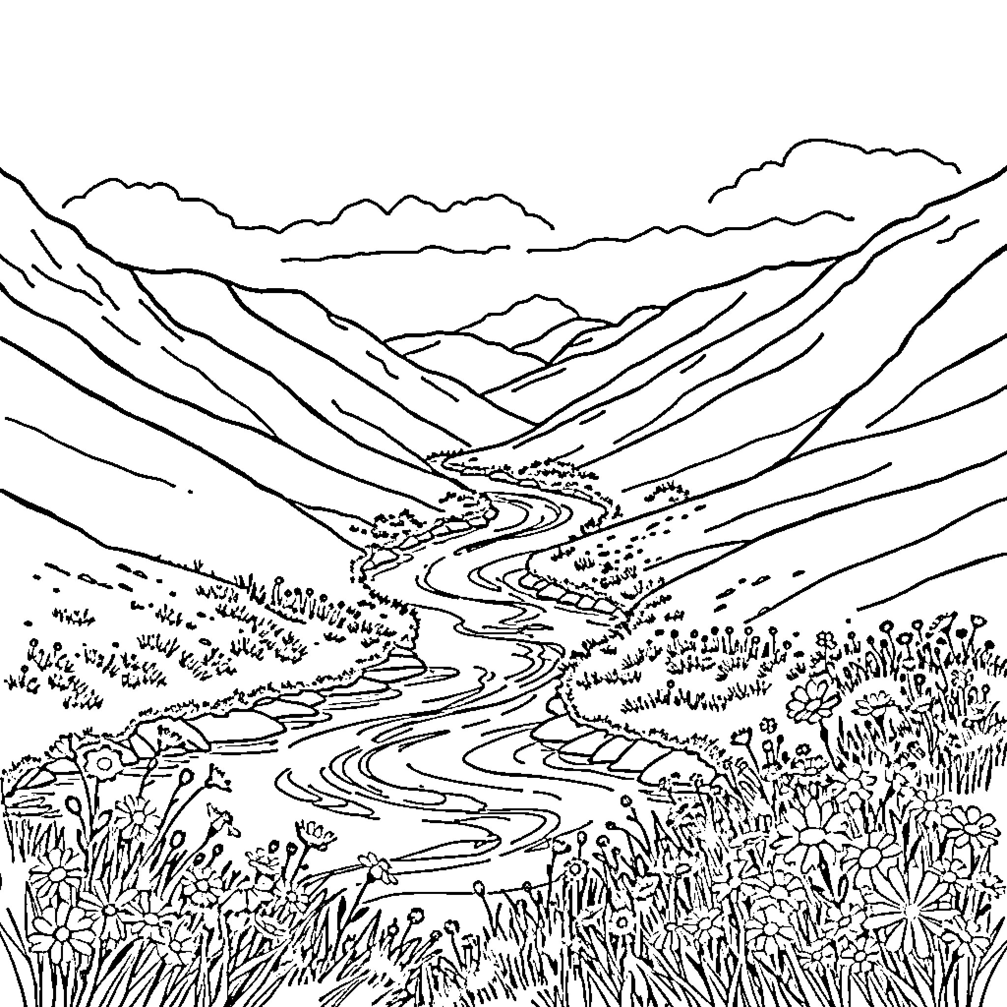 River winding through mountainous landscape Coloring Page (free black-and-white line drawing printable PDF for all, from beginners to advanced learners, including children, teens, adults, and seniors)