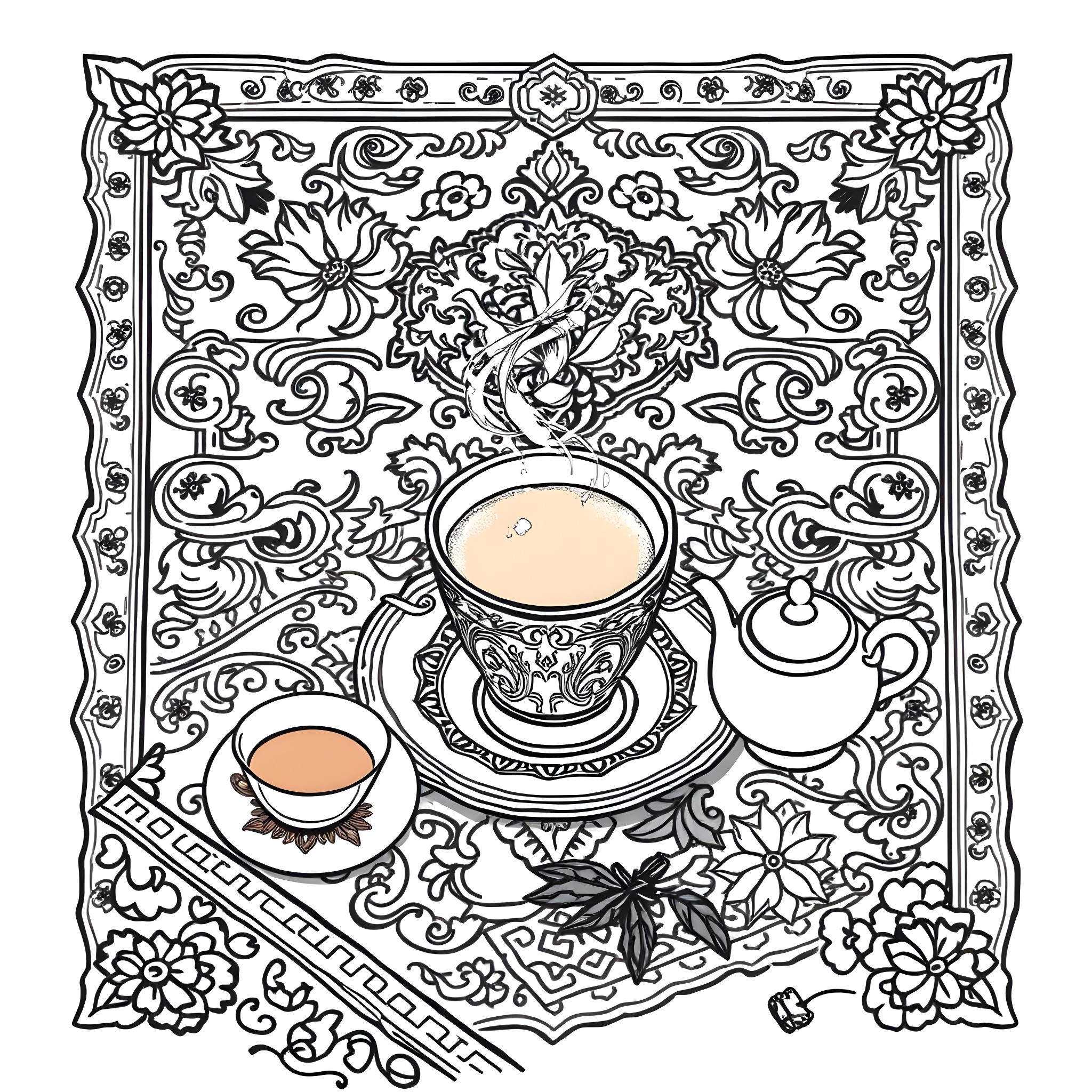 Chai Delight - A Whimsical Floral Arrangement Coloring Page (free black-and-white line drawing printable PDF for all, from beginners to advanced learners, including children, teens, adults, and seniors)