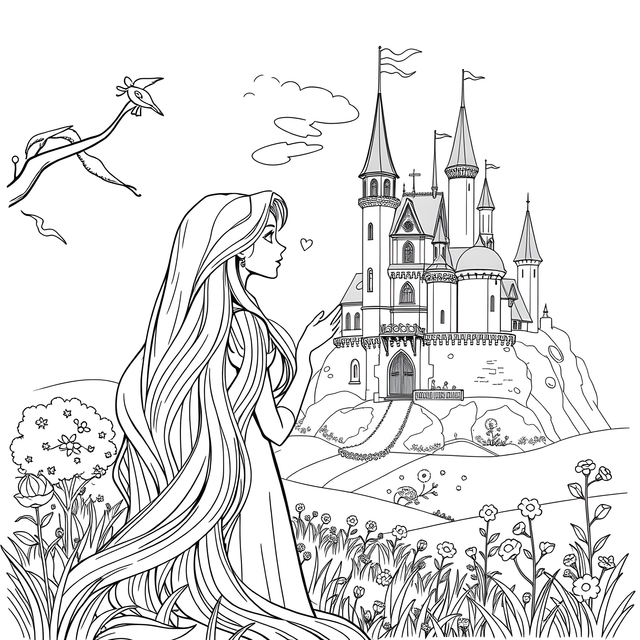 Rapunzel admiring the magical castle in the distance Coloring Page (free black-and-white line drawing printable PDF for all, from beginners to advanced learners, including children, teens, adults, and seniors)