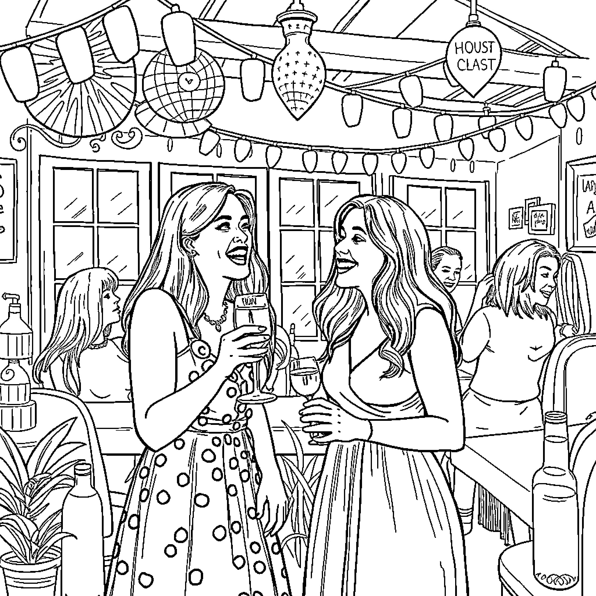 Lady friends enjoying drinks and conversation in a festive setting Coloring Page (free black-and-white line drawing printable PDF for all, from beginners to advanced learners, including children, teens, adults, and seniors)