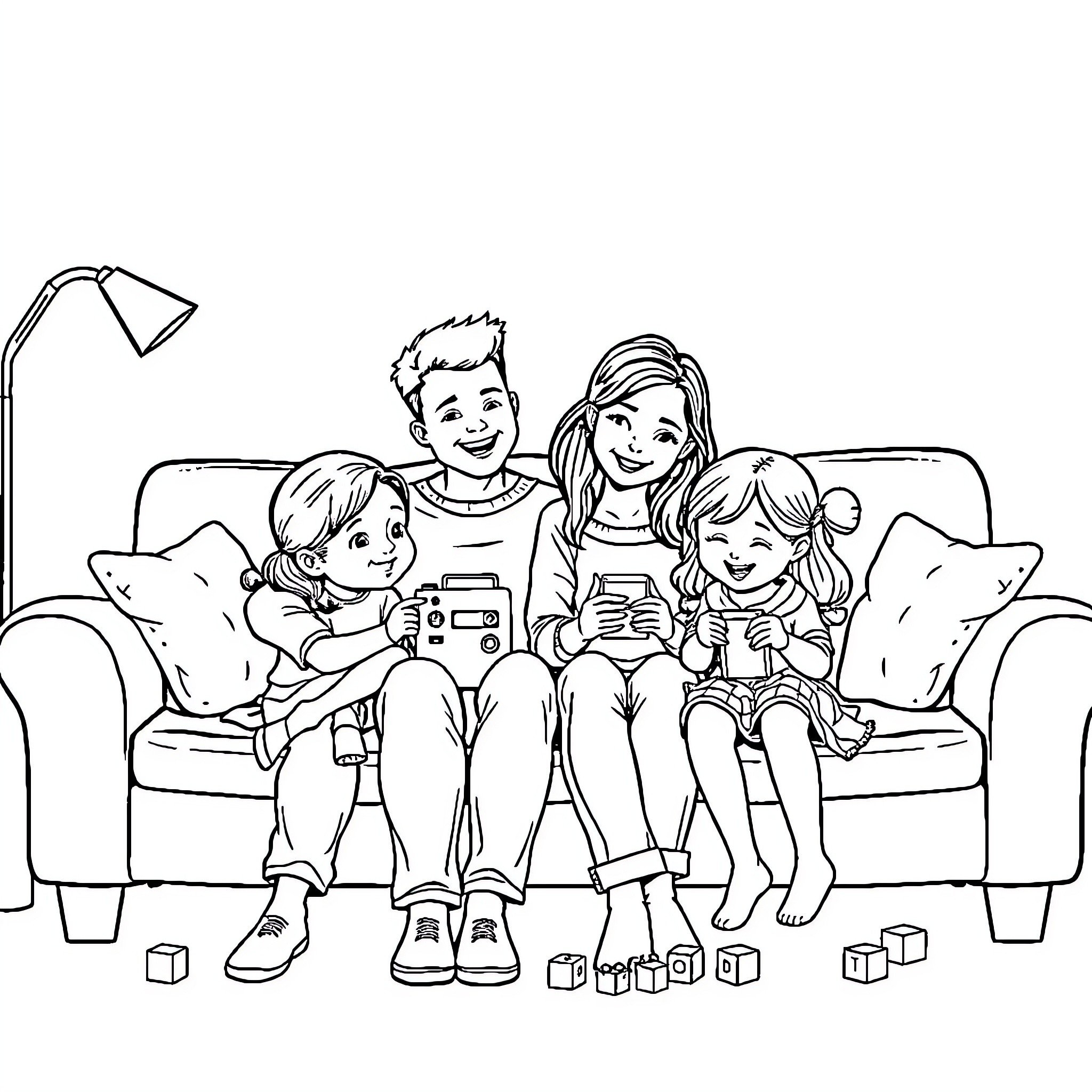 Family Playing Video Games Together at Home Coloring Page (free black-and-white line drawing printable PDF for all, from beginners to advanced learners, including children, teens, adults, and seniors)
