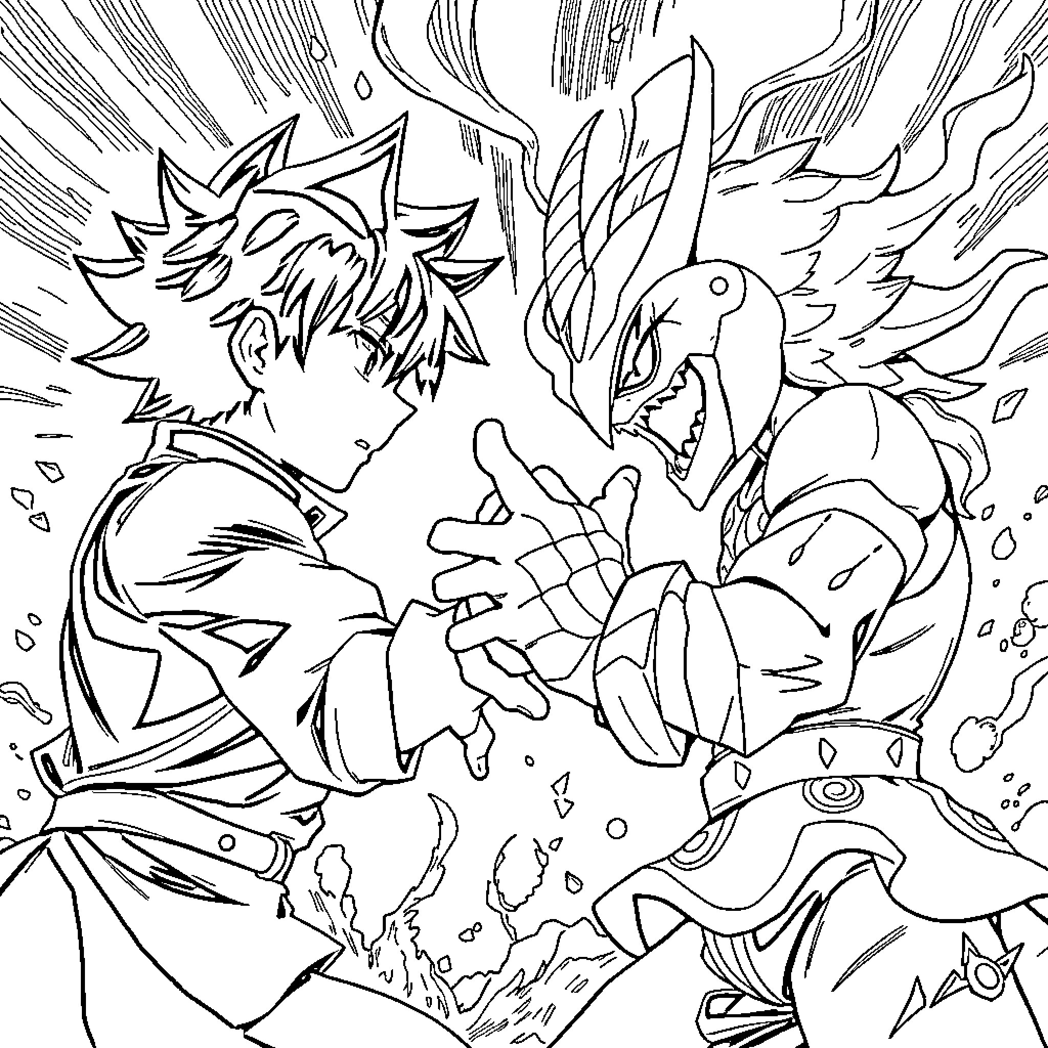Deku in an intense battle against a powerful foe Coloring Page (free black-and-white line drawing printable PDF for all, from beginners to advanced learners, including children, teens, adults, and seniors)