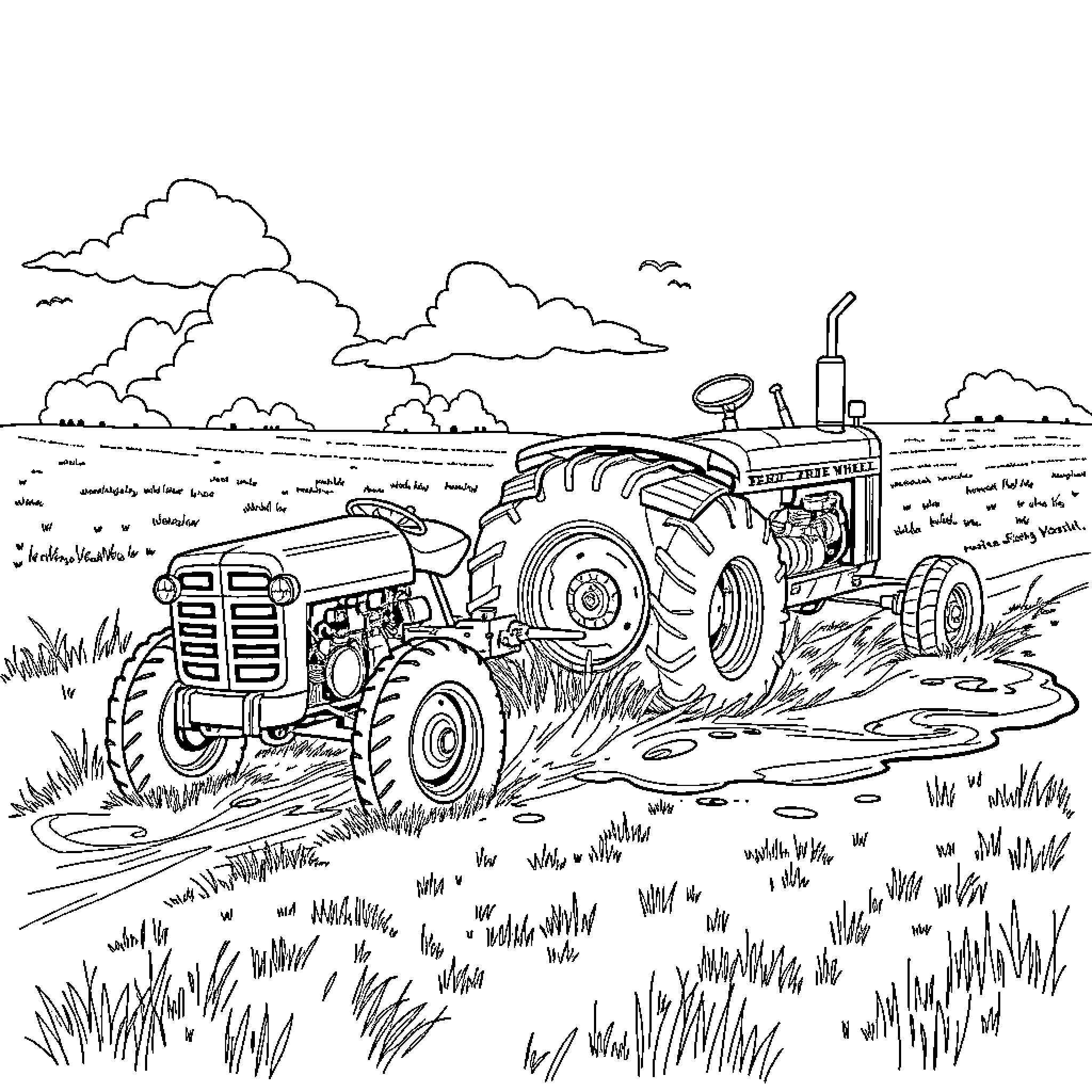 Yamaha Tractor Working in Countryside Landscape Coloring Page (free black-and-white line drawing printable PDF for all, from beginners to advanced learners, including children, teens, adults, and seniors)
