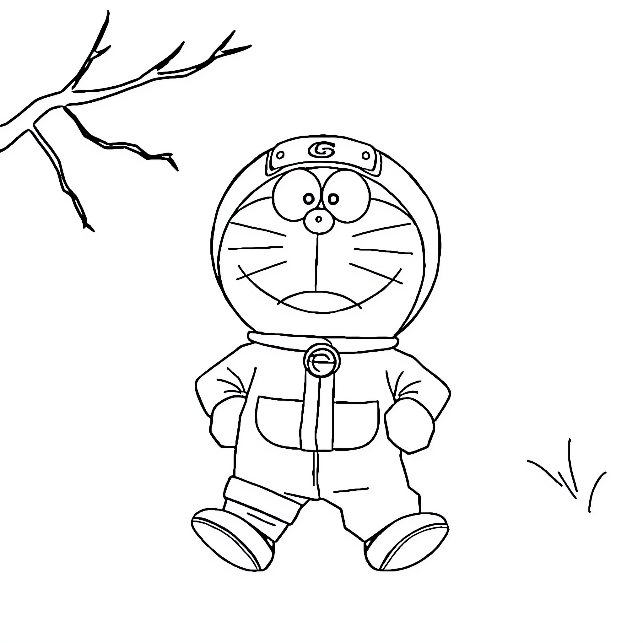 Doraemon in a cute outfit exploring the outdoors Coloring Page (free black-and-white line drawing printable PDF for all, from beginners to advanced learners, including children, teens, adults, and seniors)