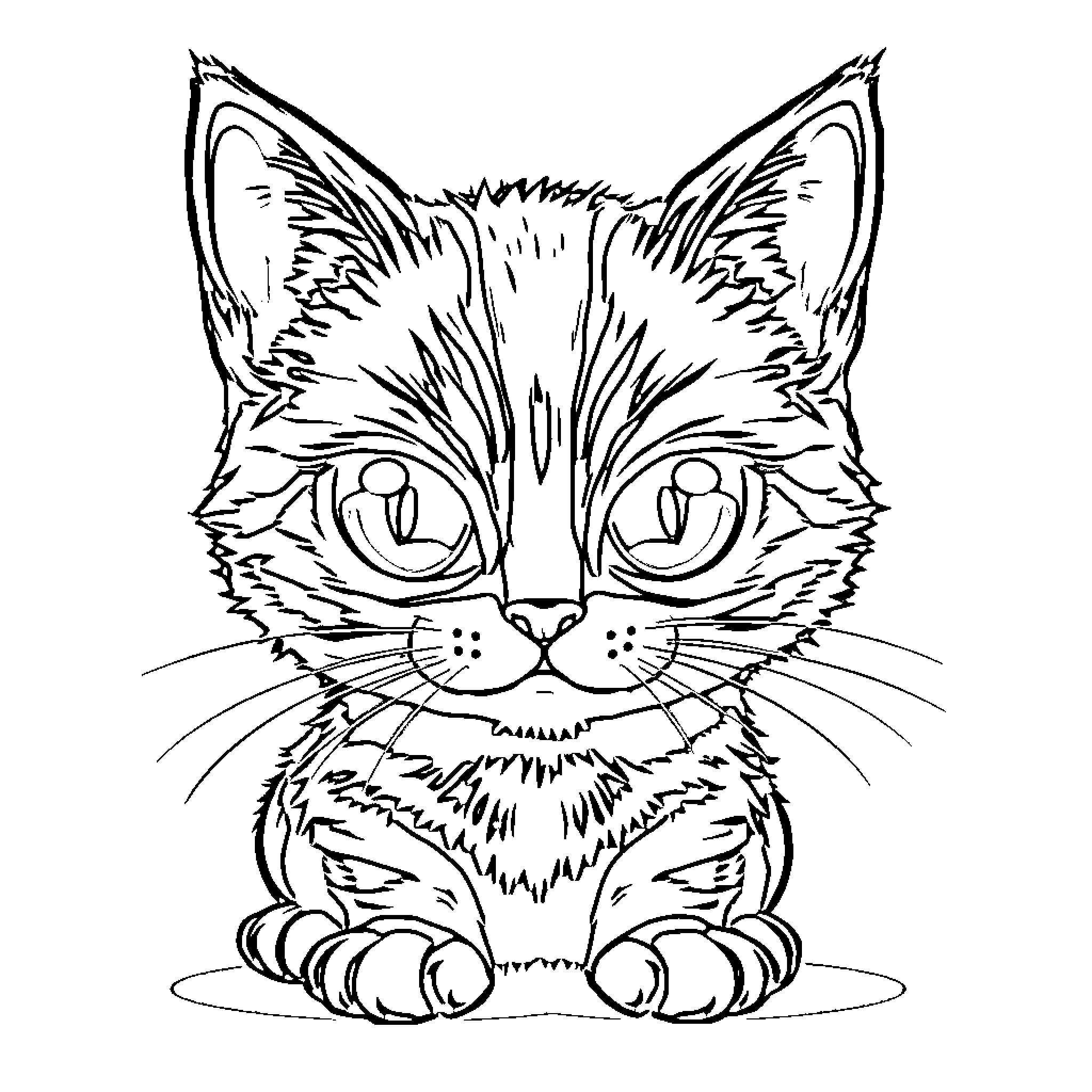 Cat drawing with detailed facial features Coloring Page (free black-and-white line drawing printable PDF for all, from beginners to advanced learners, including children, teens, adults, and seniors)