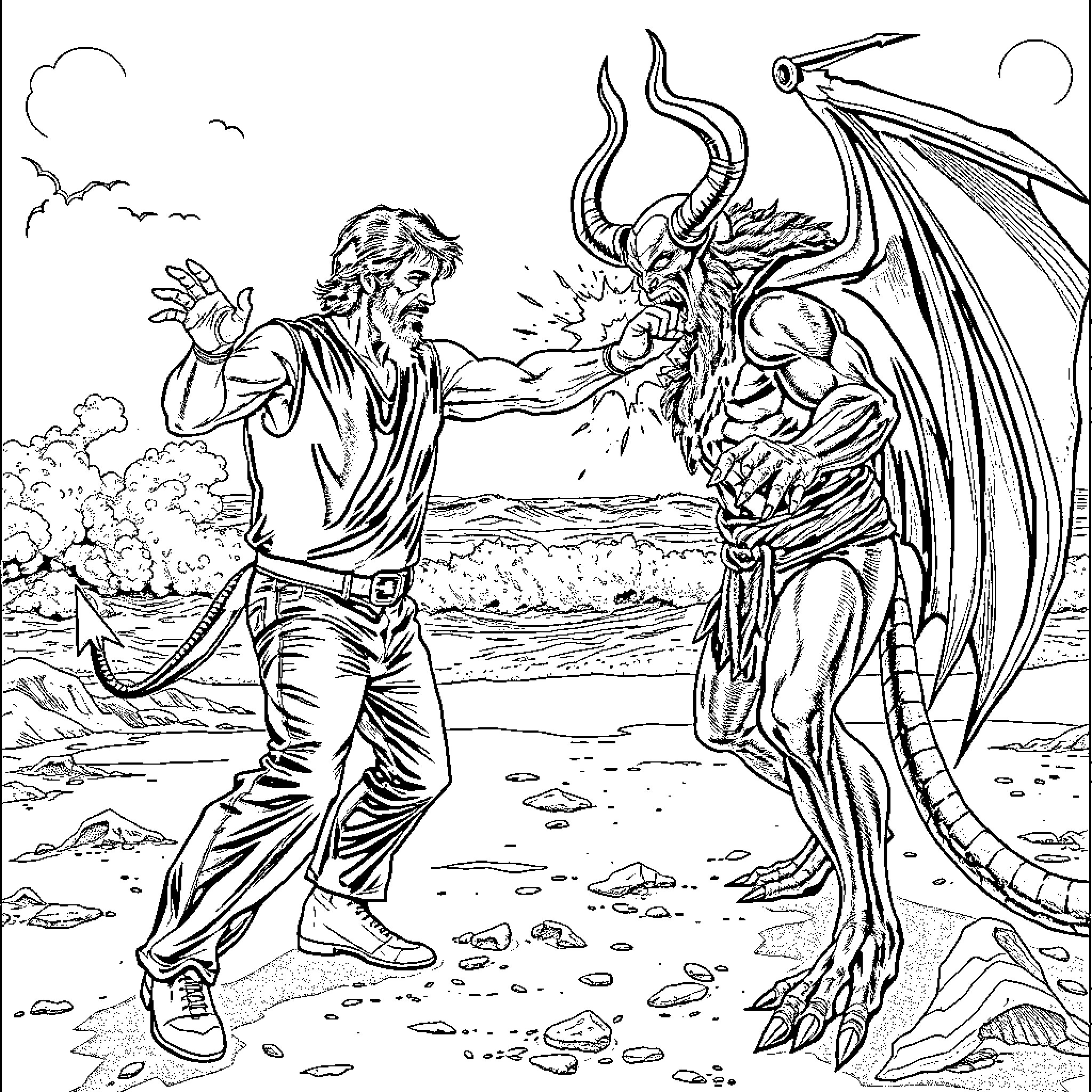 Chuck Norris battles a fearsome dragon in an epic showdown Coloring Page (free black-and-white line drawing printable PDF for all, from beginners to advanced learners, including children, teens, adults, and seniors)