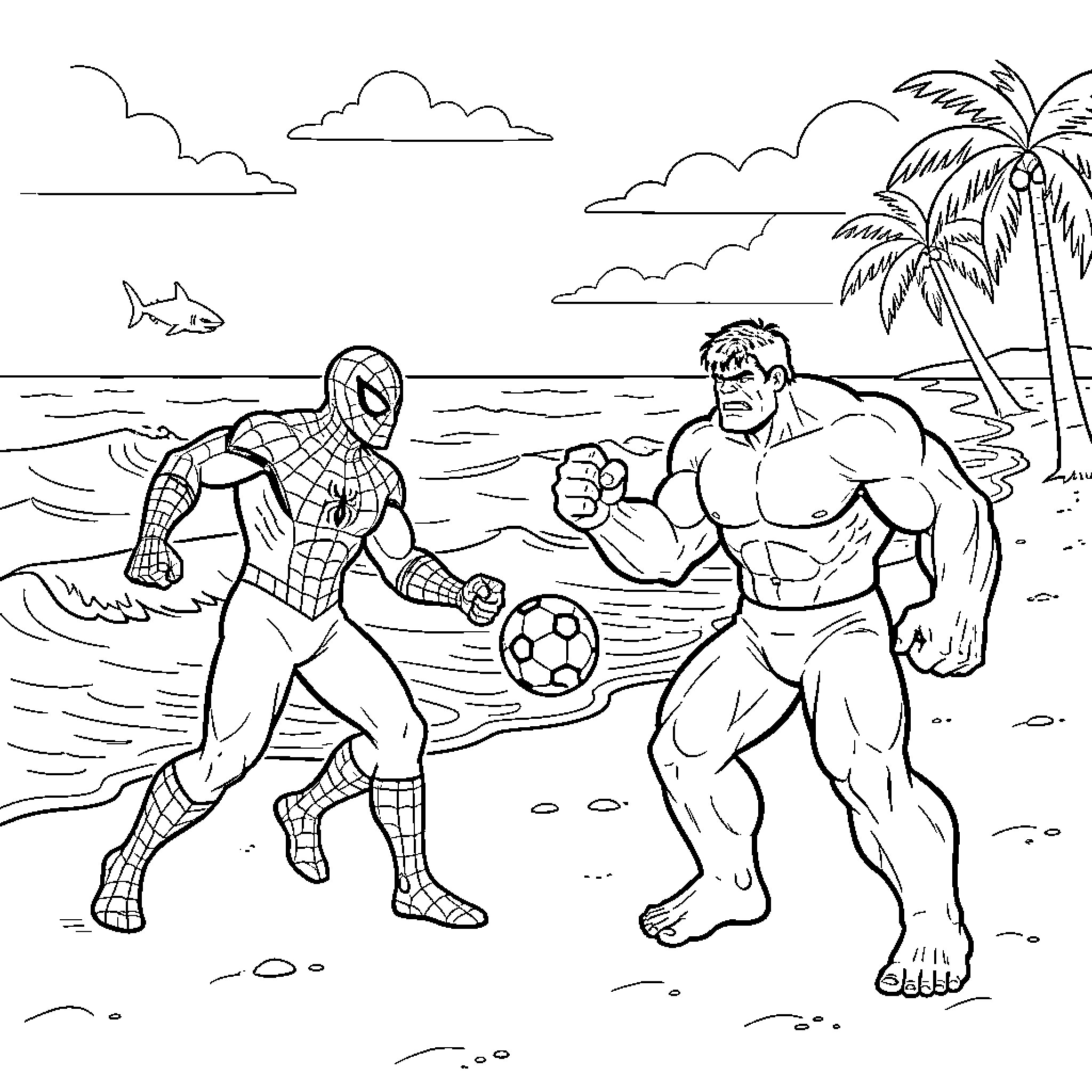 Spiderman playing soccer with Hulk on the beach Coloring Page (free black-and-white line drawing printable PDF for all, from beginners to advanced learners, including children, teens, adults, and seniors)