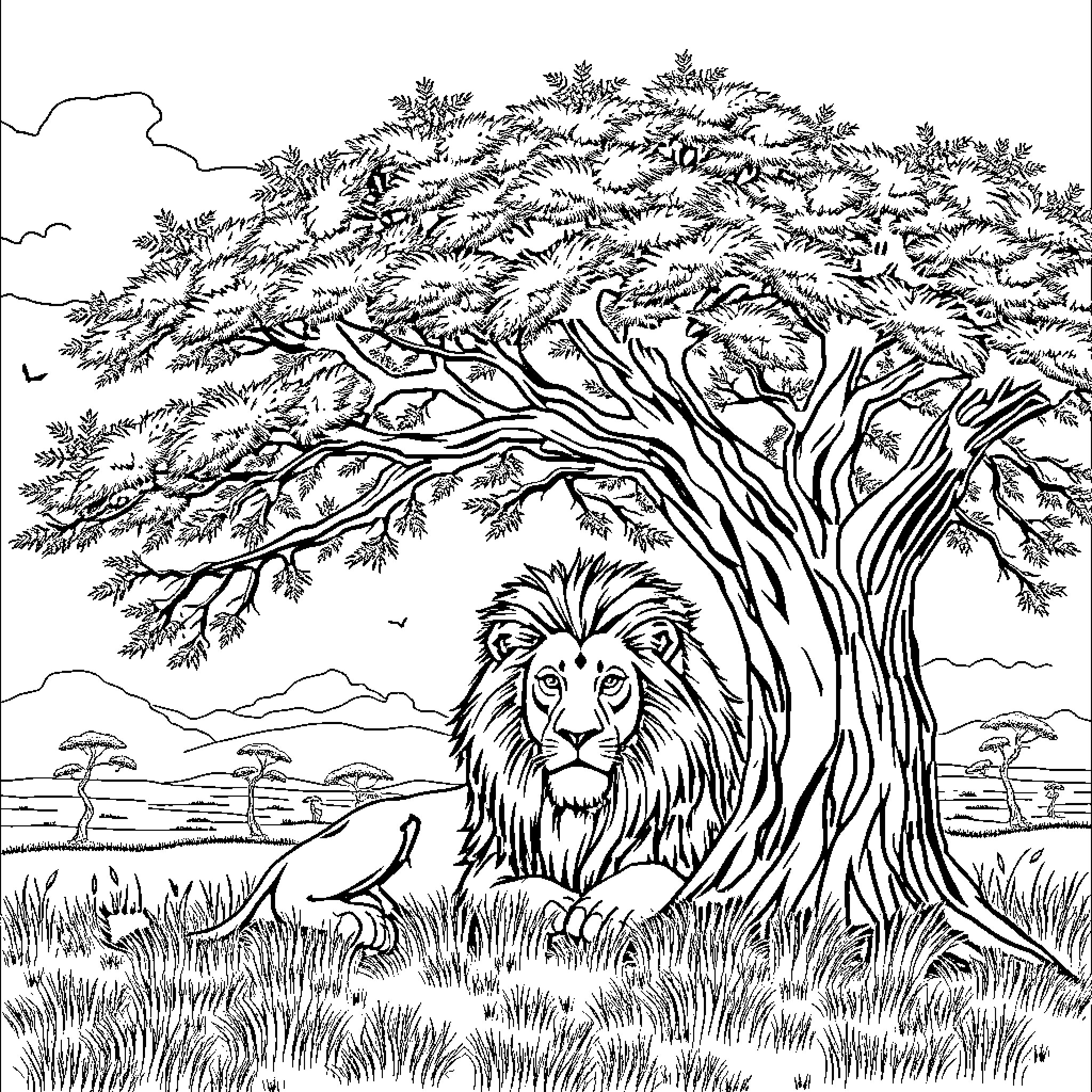Lion resting under a majestic tree in the savanna Coloring Page (free black-and-white line drawing printable PDF for all, from beginners to advanced learners, including children, teens, adults, and seniors)