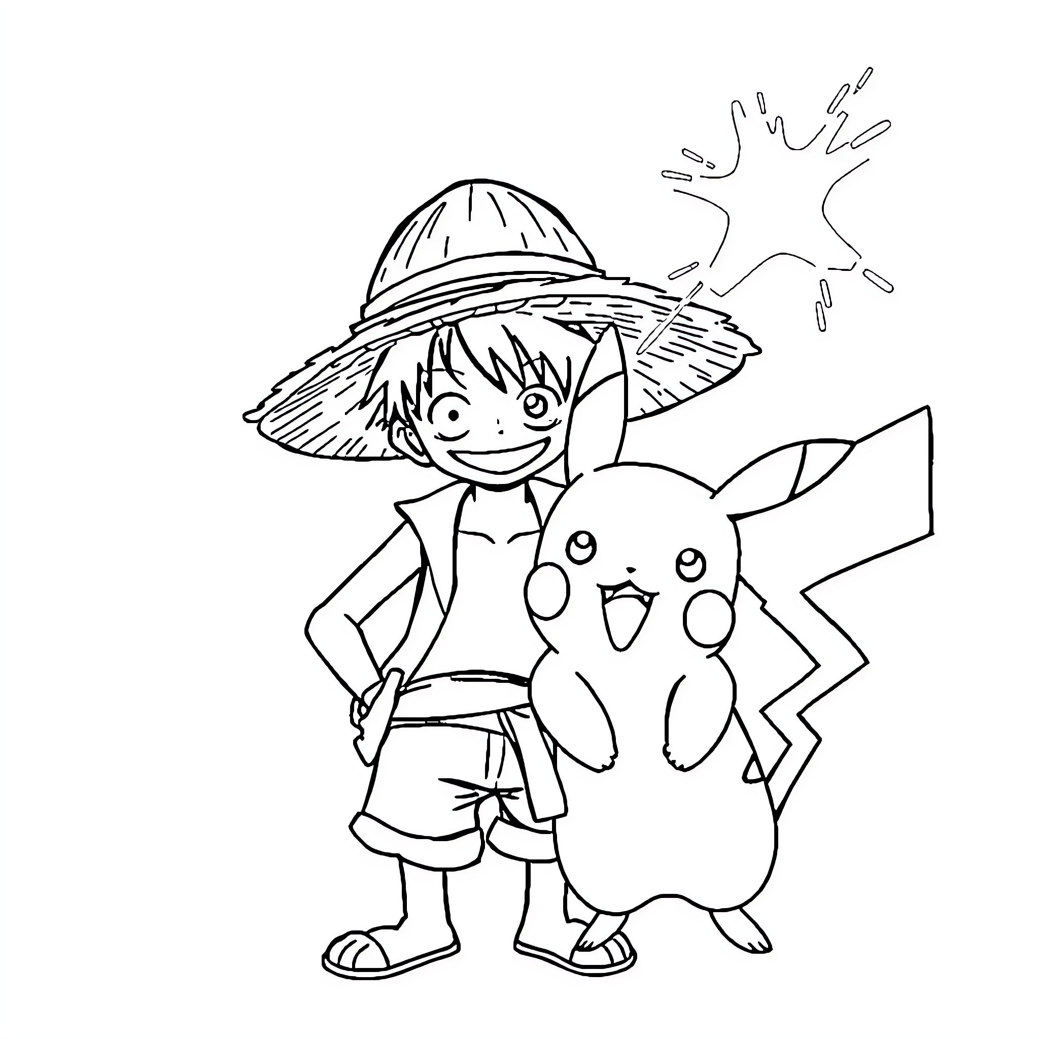 Luffy and Pikachu enjoying summer adventure Coloring Page (free black-and-white line drawing printable PDF for all, from beginners to advanced learners, including children, teens, adults, and seniors)