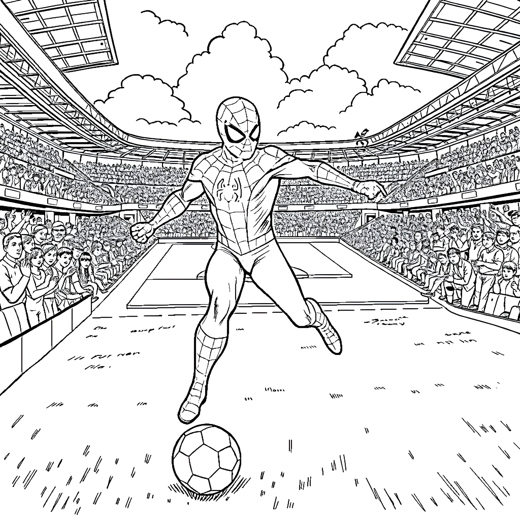 Spiderman playing soccer in a stadium Coloring Page (free black-and-white line drawing printable PDF for all, from beginners to advanced learners, including children, teens, adults, and seniors)