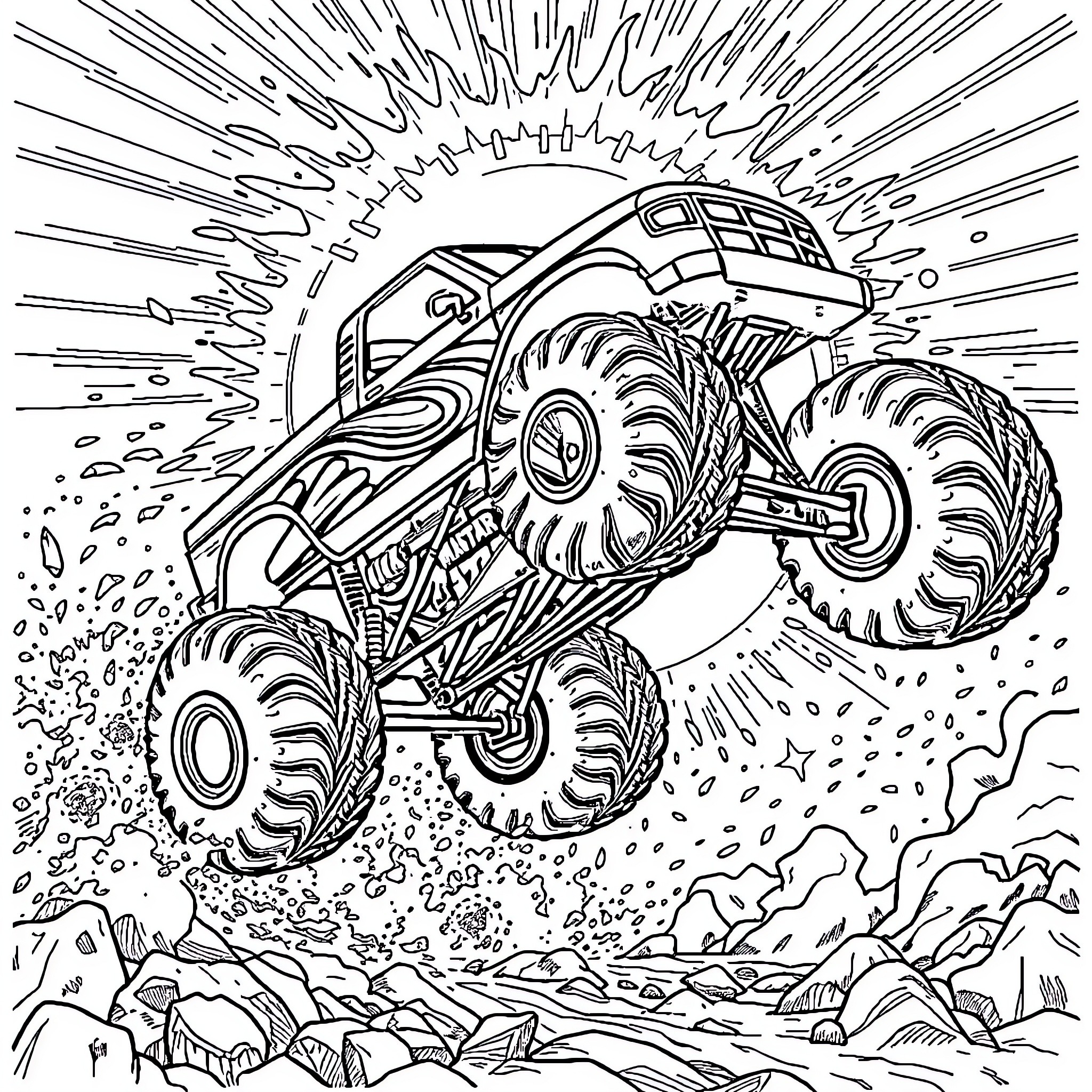 Monster Truck Crushing Rocks and Obstacles Coloring Page (free black-and-white line drawing printable PDF for all, from beginners to advanced learners, including children, teens, adults, and seniors)