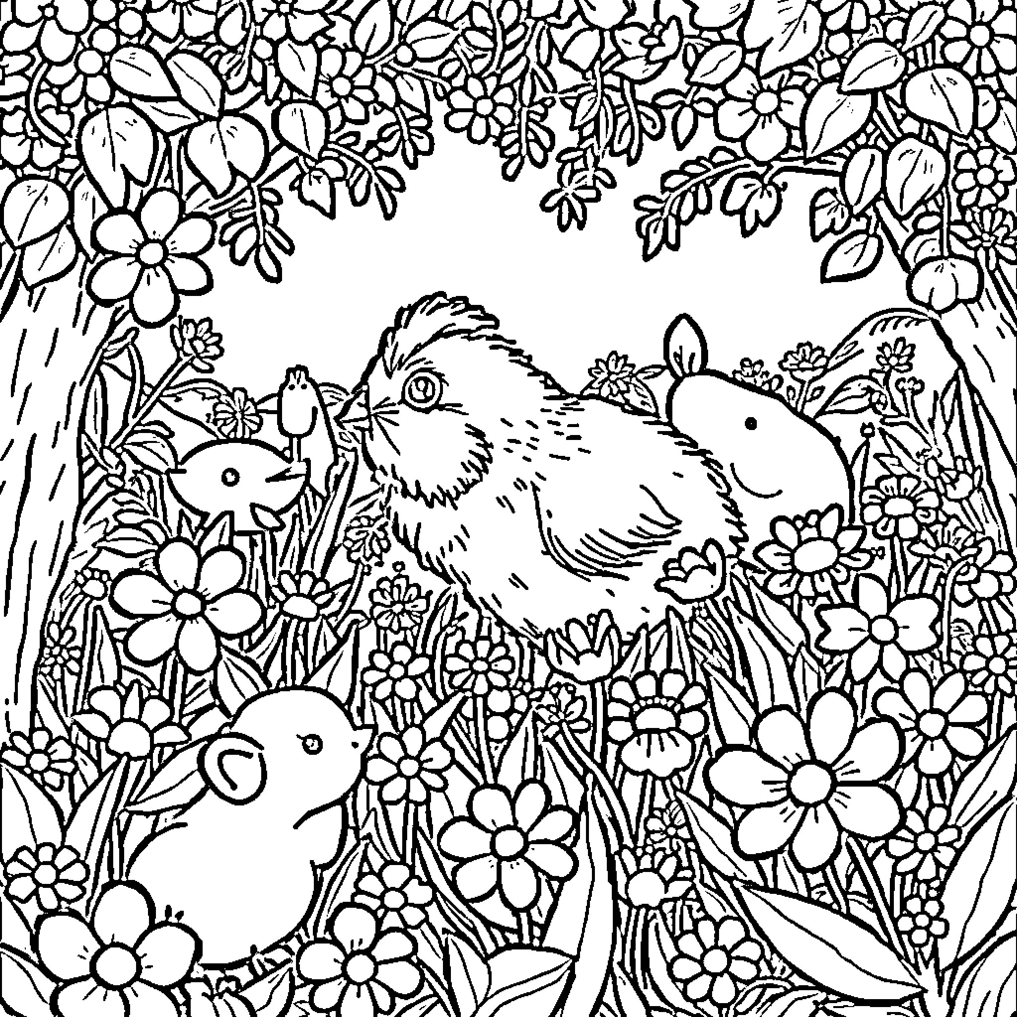 Pigs amongst flowers in a lush garden Coloring Page (free black-and-white line drawing printable PDF for all, from beginners to advanced learners, including children, teens, adults, and seniors)