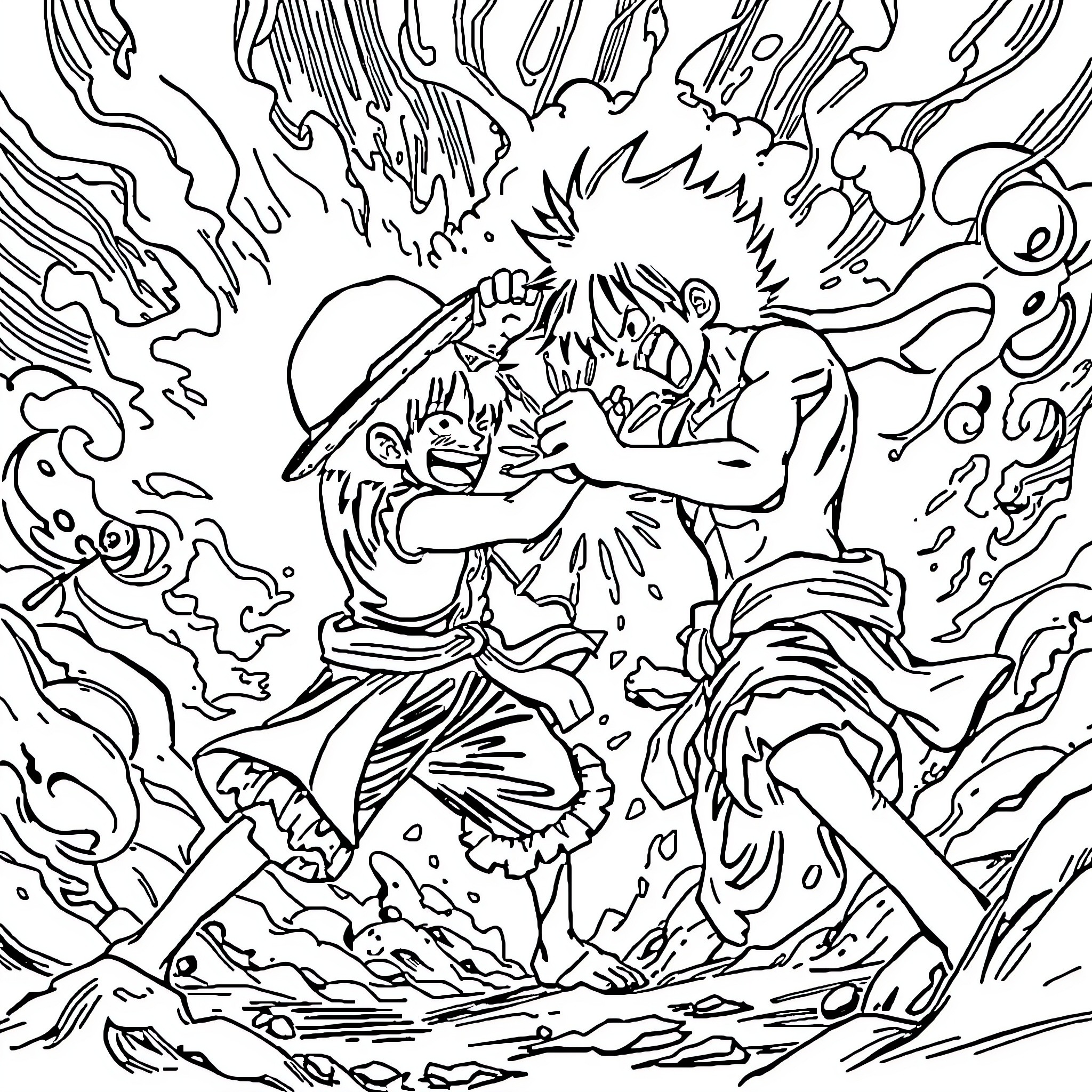Monkey D Luffy's Intense Fist of Fire Attack Coloring Page (free black-and-white line drawing printable PDF for all, from beginners to advanced learners, including children, teens, adults, and seniors)