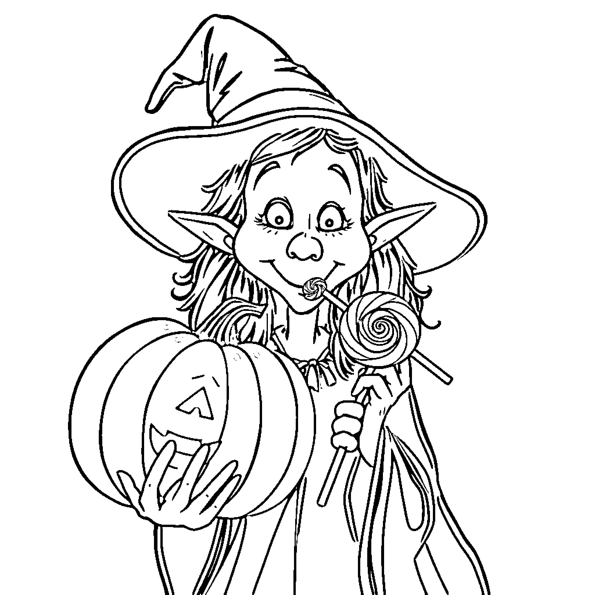 Witch with Pumpkin Lantern and Lollipop Coloring Page (free black-and-white line drawing printable PDF for all, from beginners to advanced learners, including children, teens, adults, and seniors)