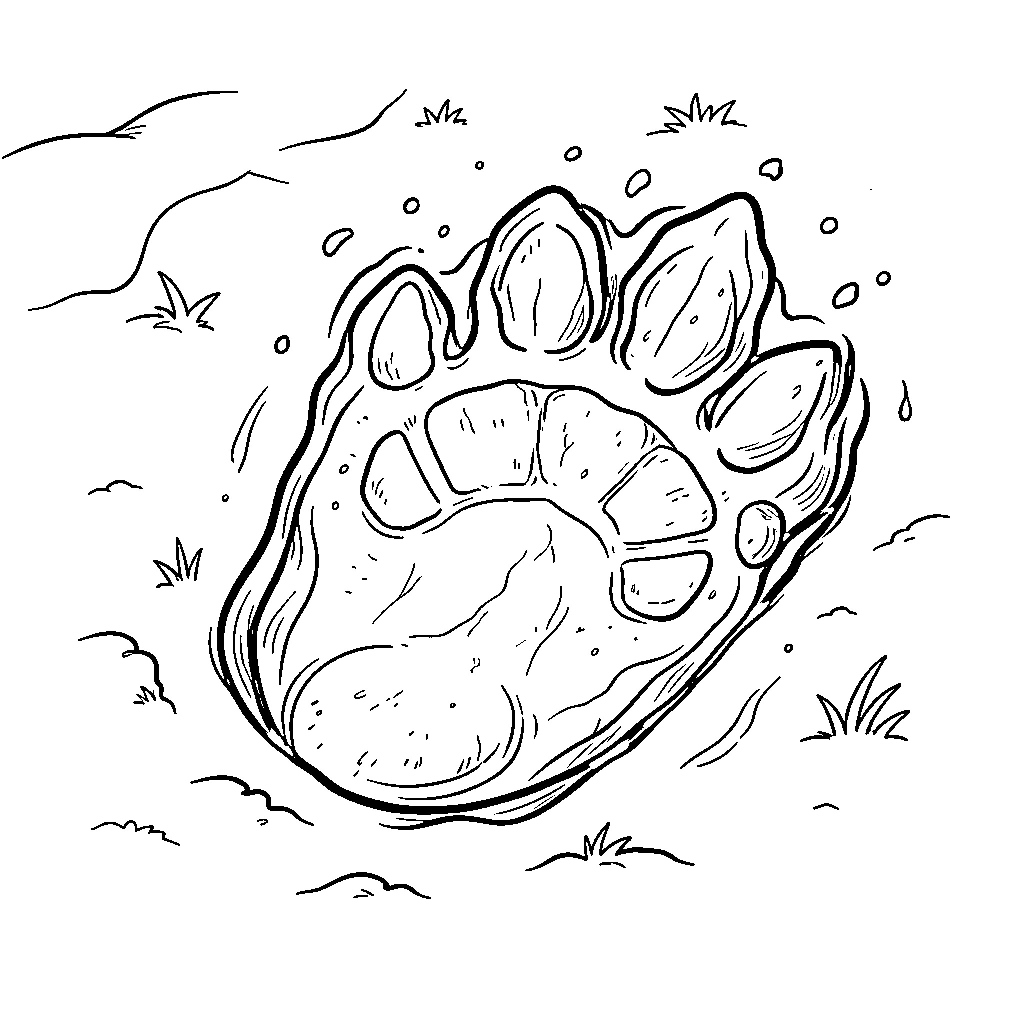 Dinosaur footprint pressed deep into the ground Coloring Page (free black-and-white line drawing printable PDF for all, from beginners to advanced learners, including children, teens, adults, and seniors)