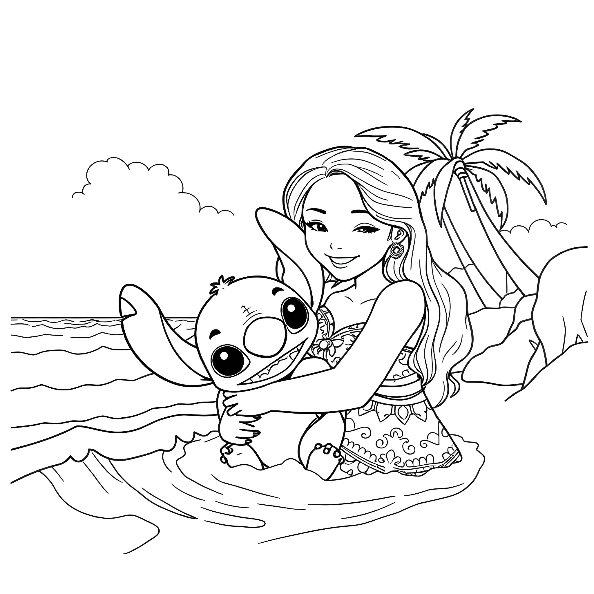 Moana and Stitch playing happily in the ocean Coloring Page (free black-and-white line drawing printable PDF for all, from beginners to advanced learners, including children, teens, adults, and seniors)