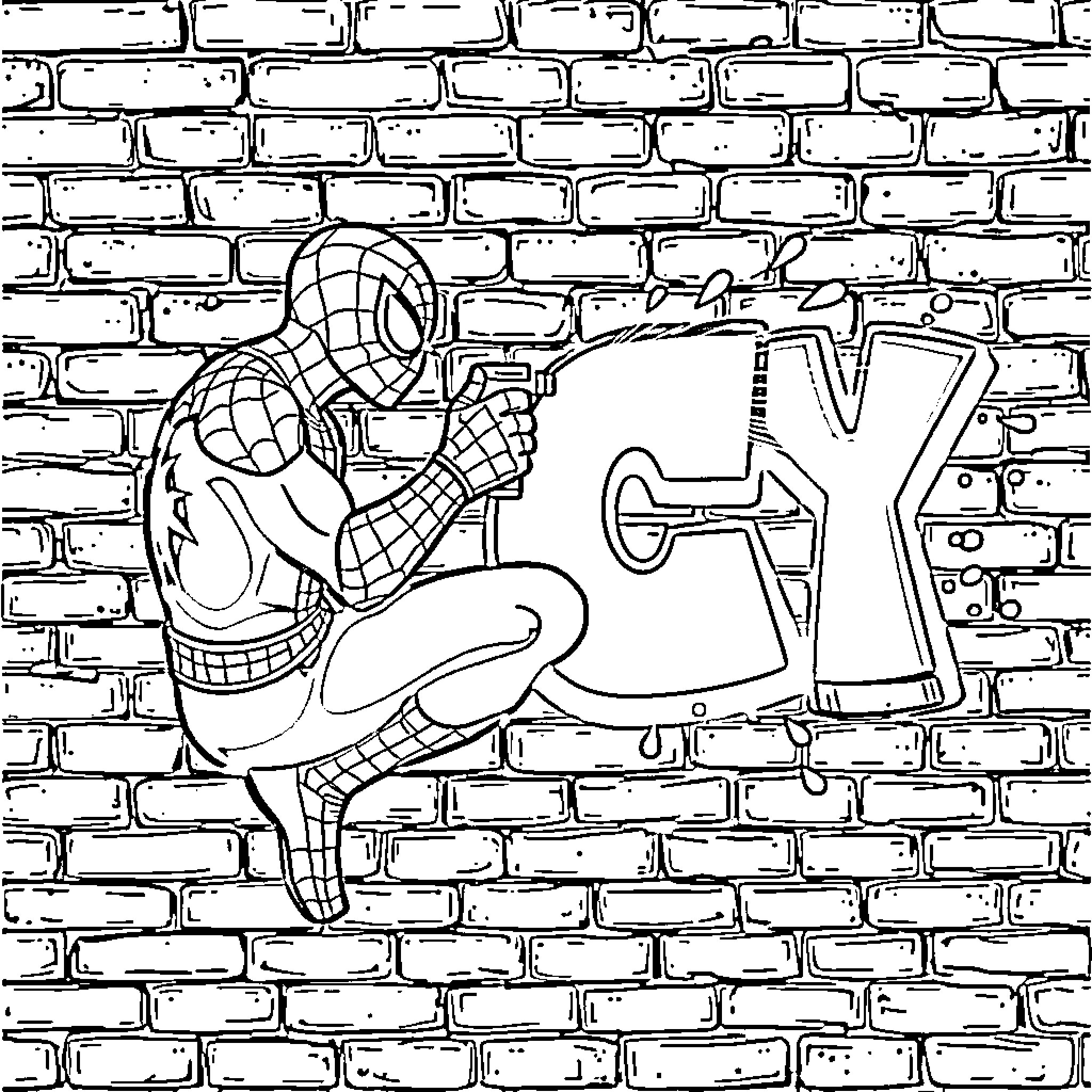 Spiderman leaping against a brick wall Coloring Page (free black-and-white line drawing printable PDF for all, from beginners to advanced learners, including children, teens, adults, and seniors)