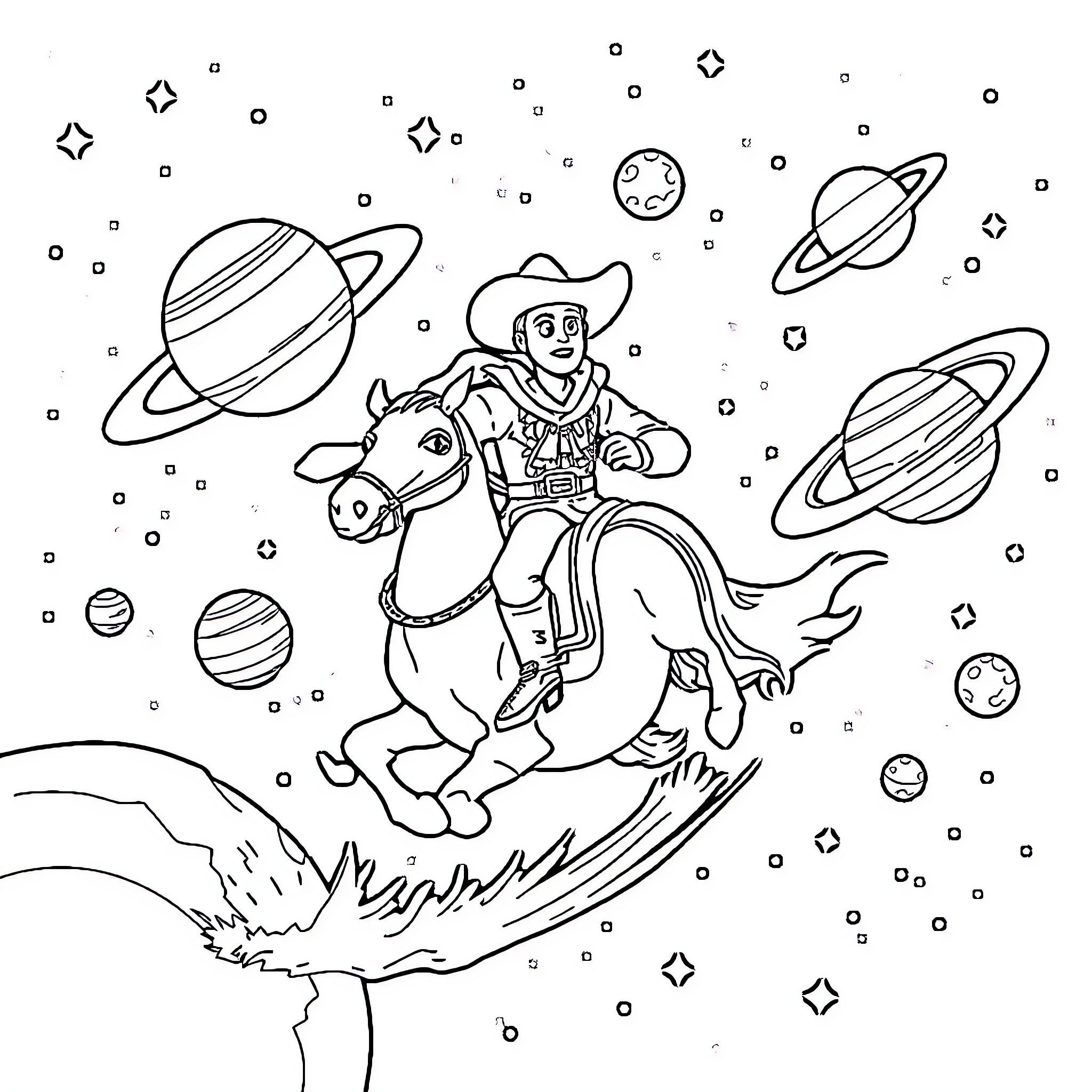 Space Cowboy riding through the cosmos Coloring Page (free black-and-white line drawing printable PDF for all, from beginners to advanced learners, including children, teens, adults, and seniors)